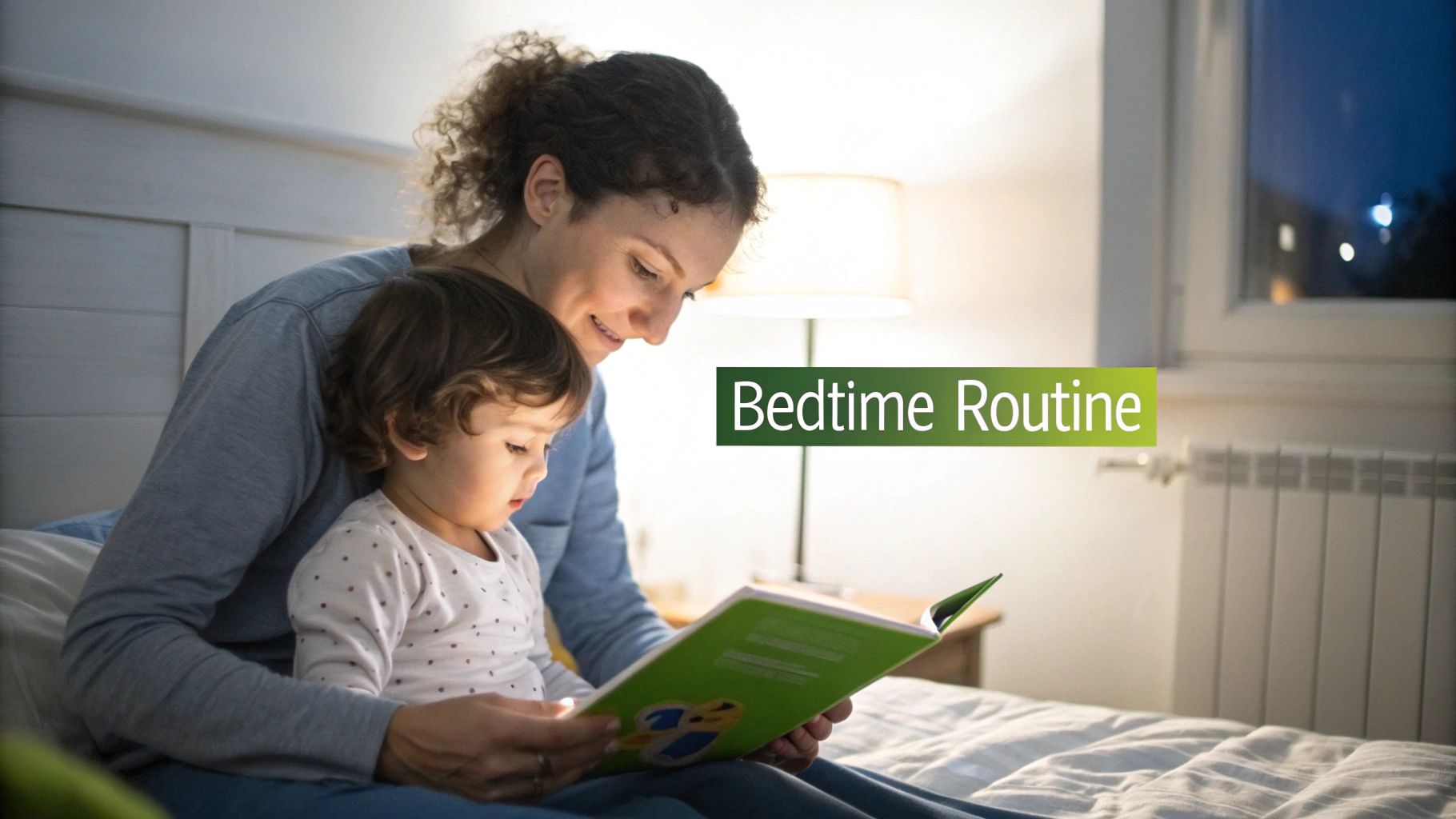 A smiling mother and her toddler read a green storybook together in bed as part of their bedtime routine.