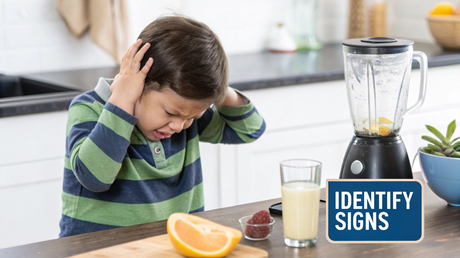 A child covers their ears, distressed by loud noises in their environment.