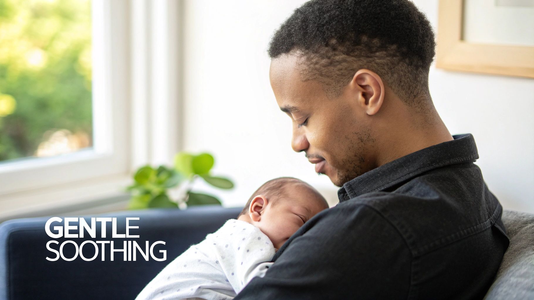 A Black father gently holds and soothes his sleeping newborn baby in a bright room.