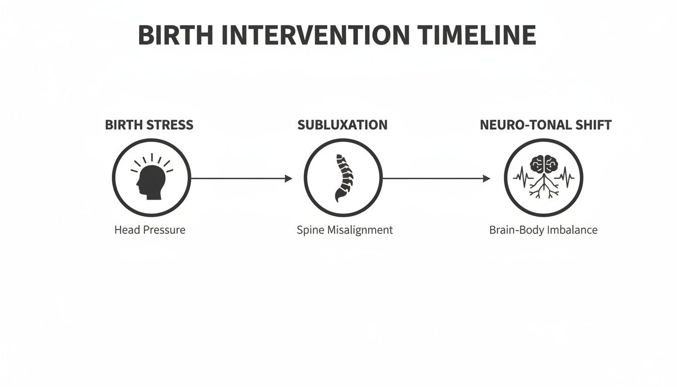 A timeline diagram illustrating birth stress leading to subluxation and neuro-tonal shift, causing brain-body imbalance.