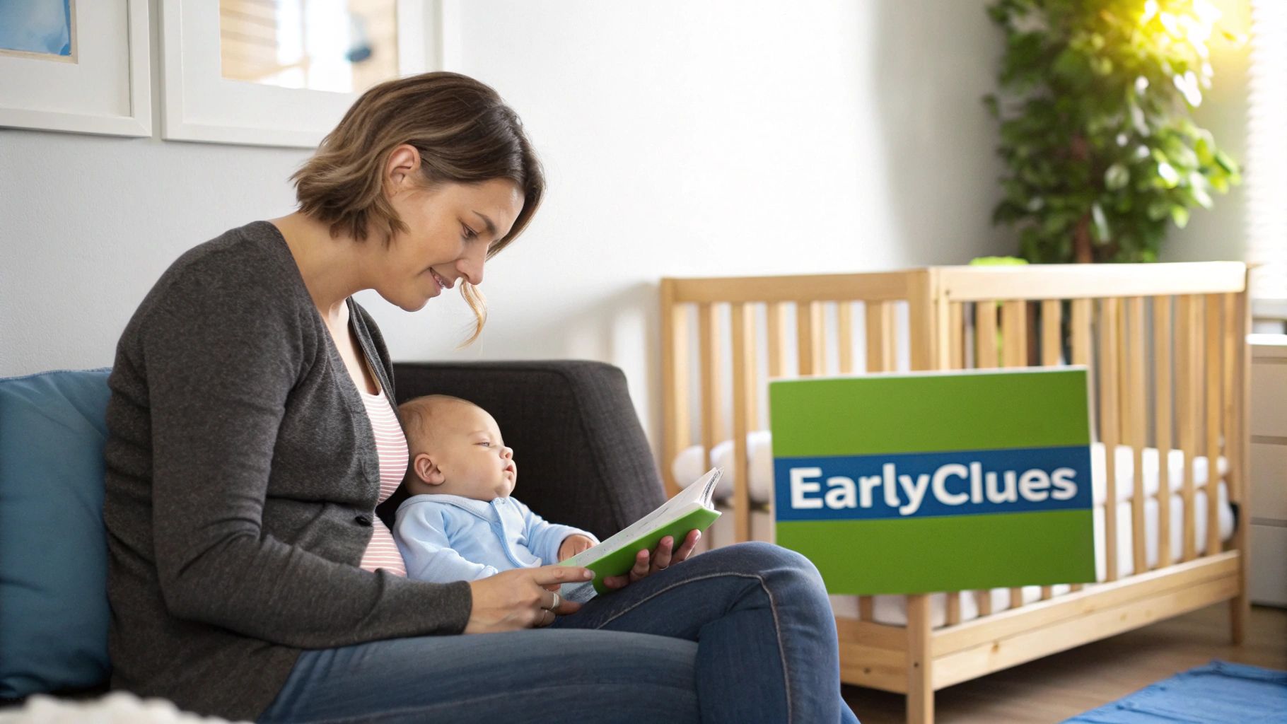 A loving mother sits on a couch, reading a book to her baby, fostering early development.