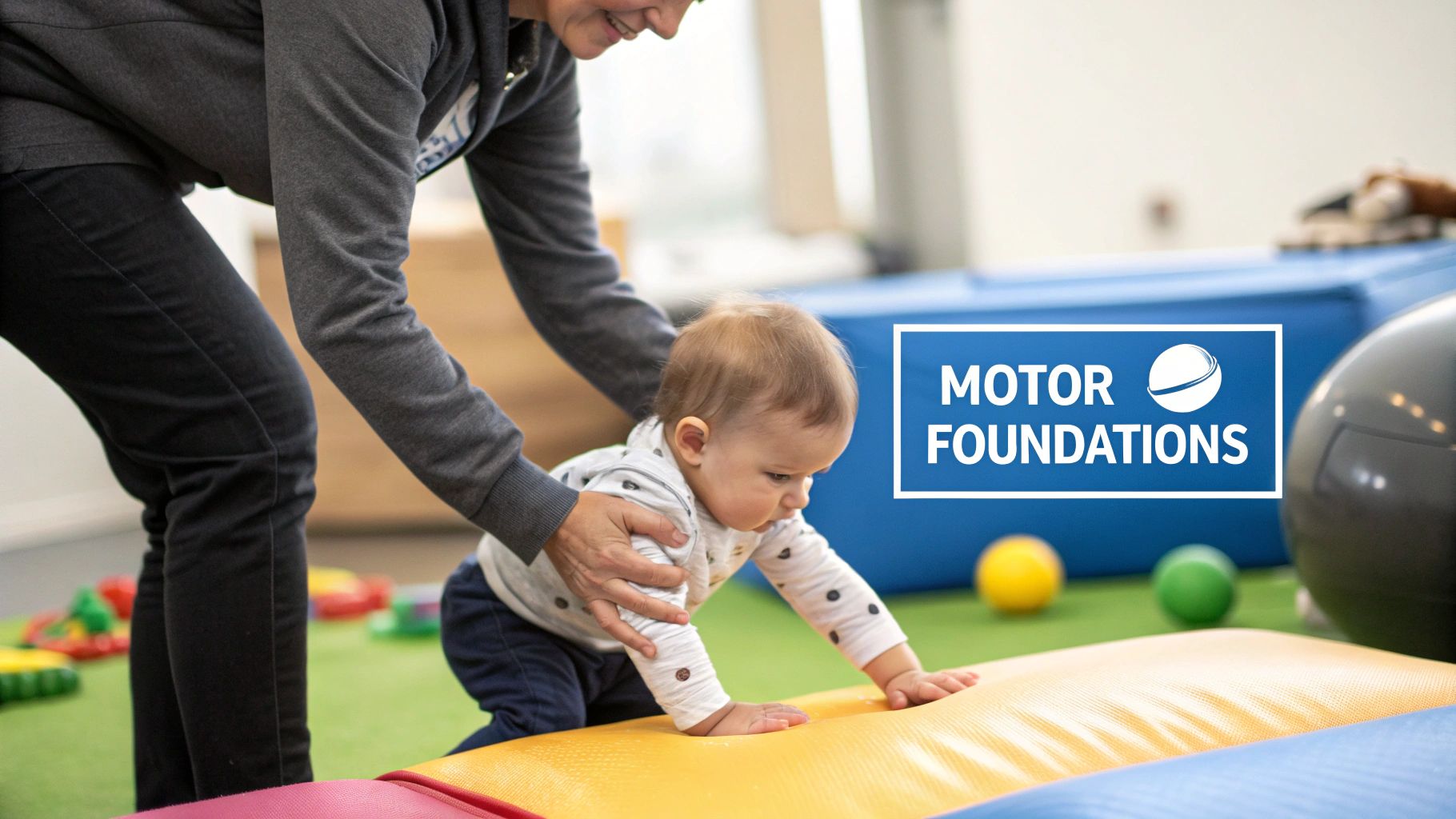 An adult helps a baby crawl on a colorful play mat during a motor skills development session.