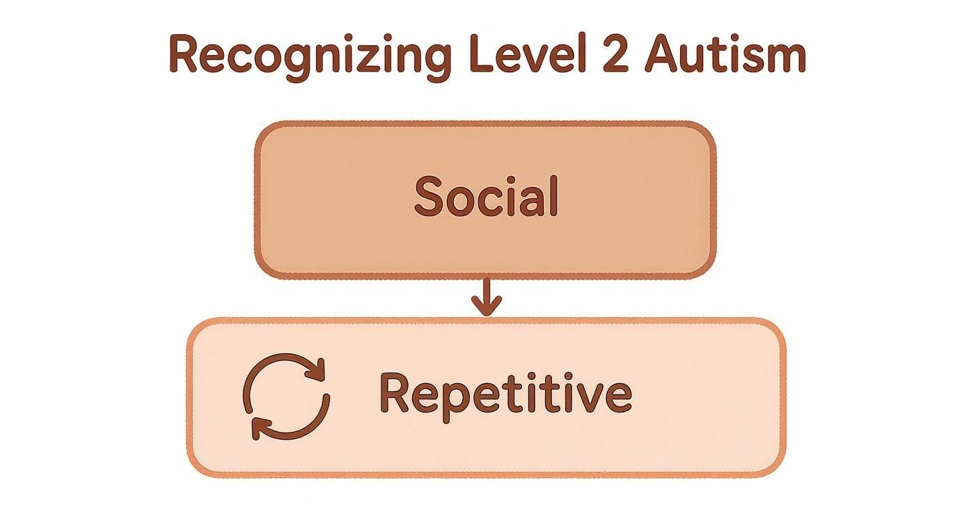 A diagram titled "Recognizing Level 2 Autism" highlighting social and repetitive characteristics.