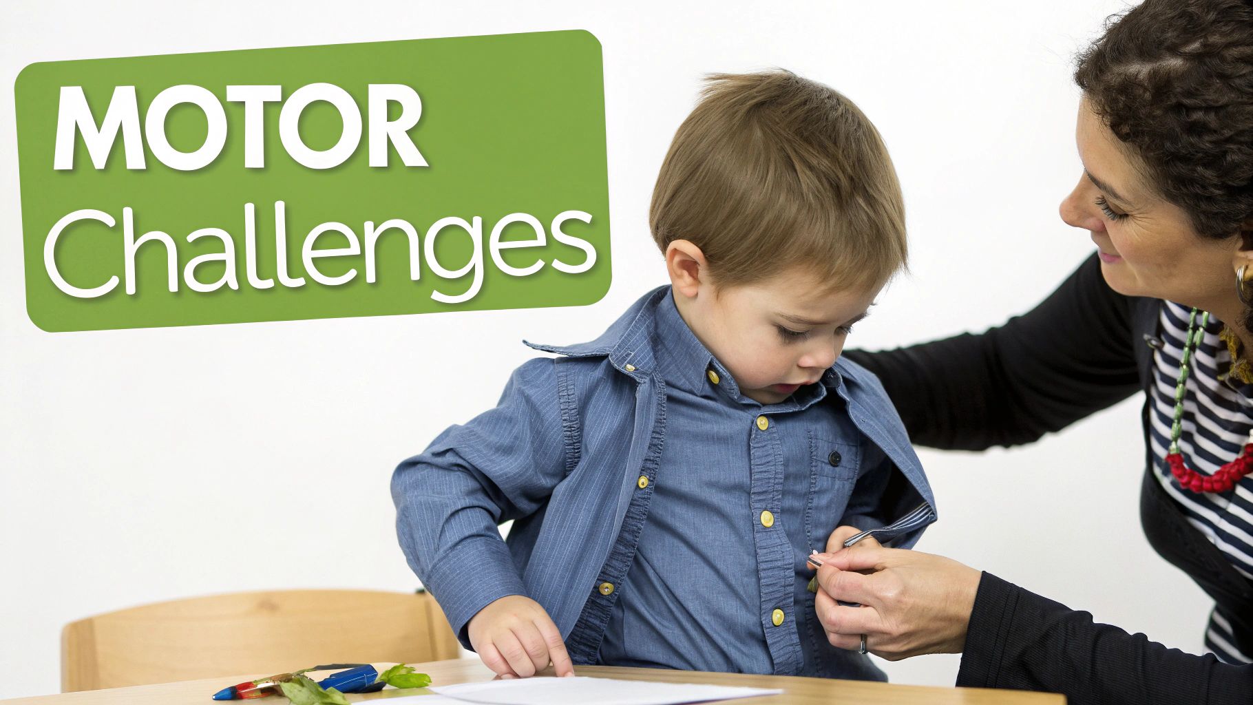 An adult helps a young child practice fine motor skills, buttoning a shirt, addressing motor challenges.
