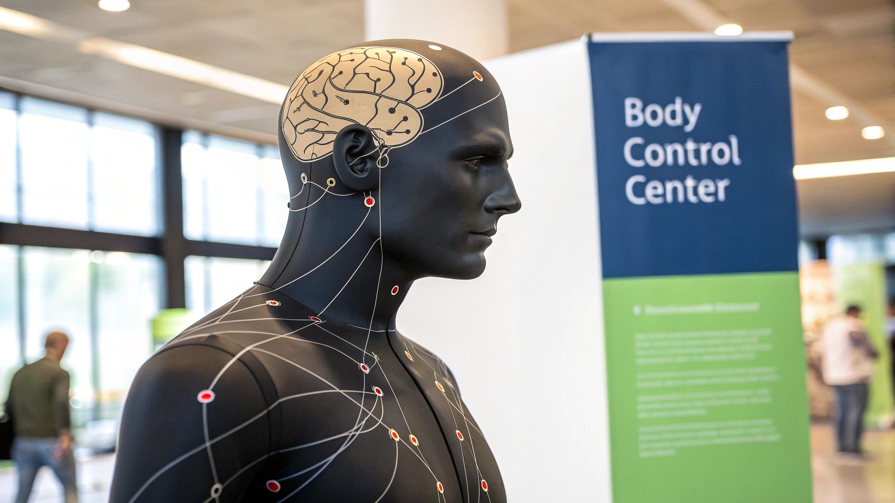 A black mannequin illustrates the human nervous system with brain outline and neural connections.