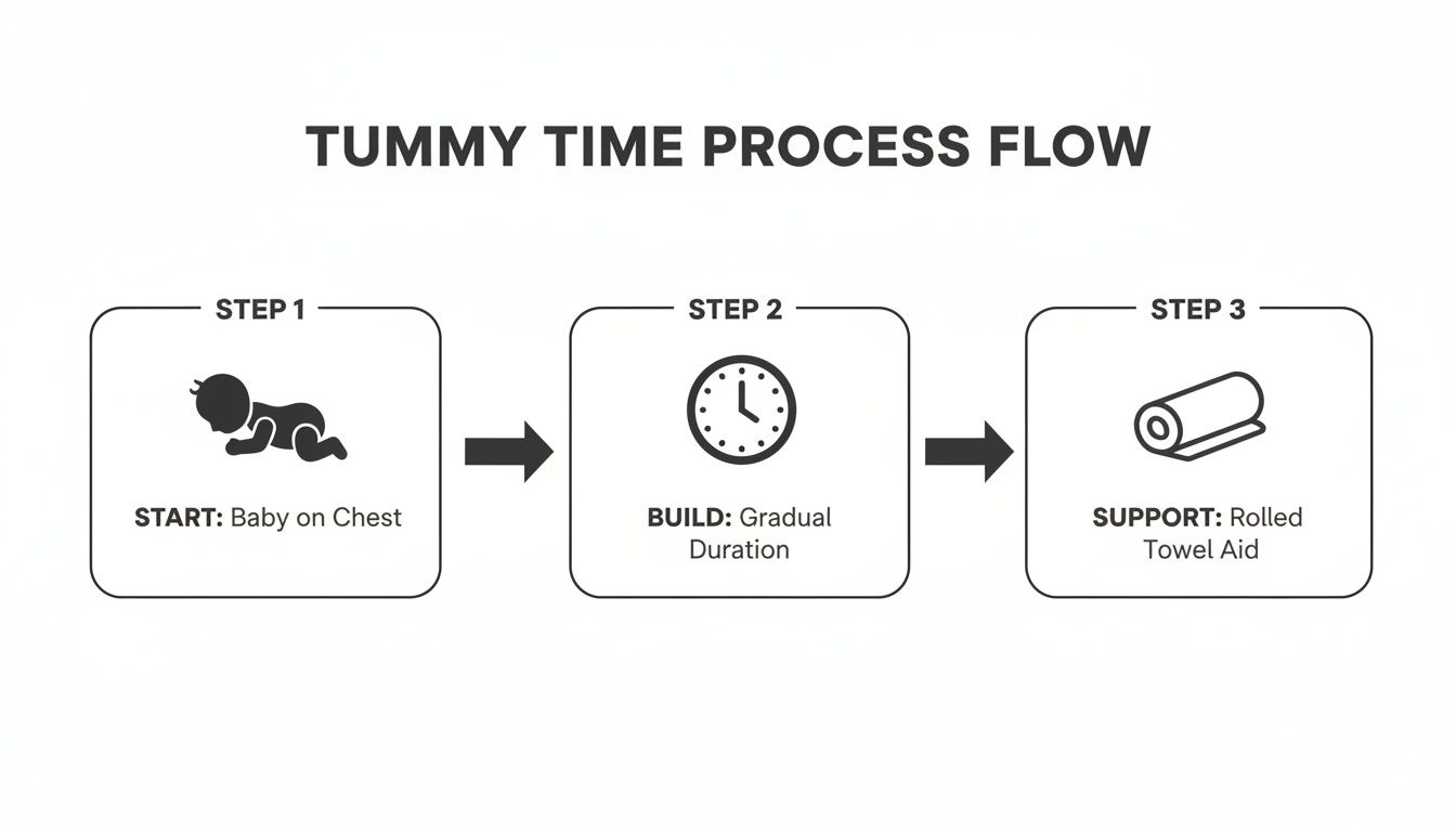 A three-step diagram outlining the tummy time process: baby on chest, gradual duration, and towel support.