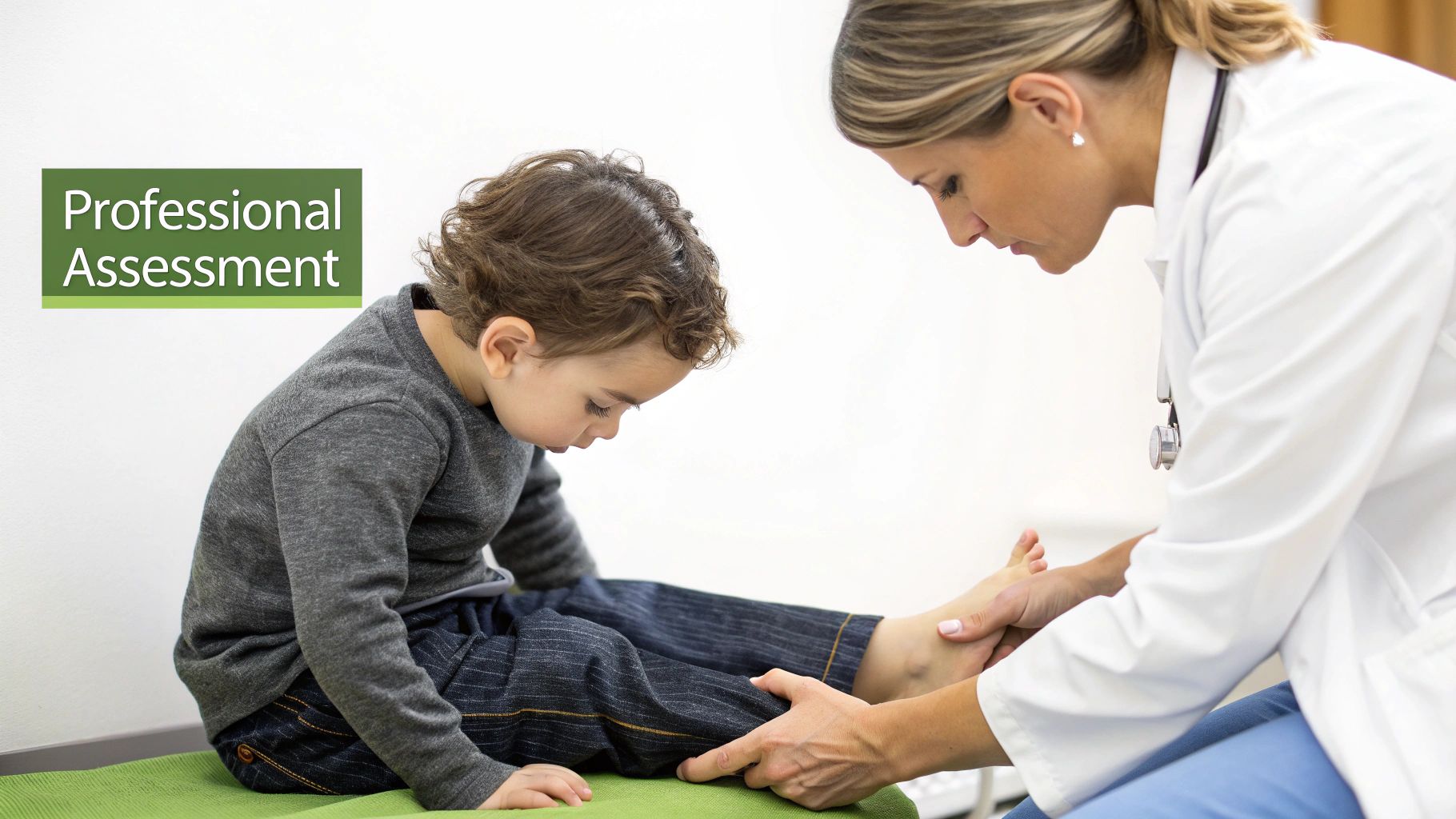 A female doctor performs a professional assessment, examining a young boy's foot in a clinic.