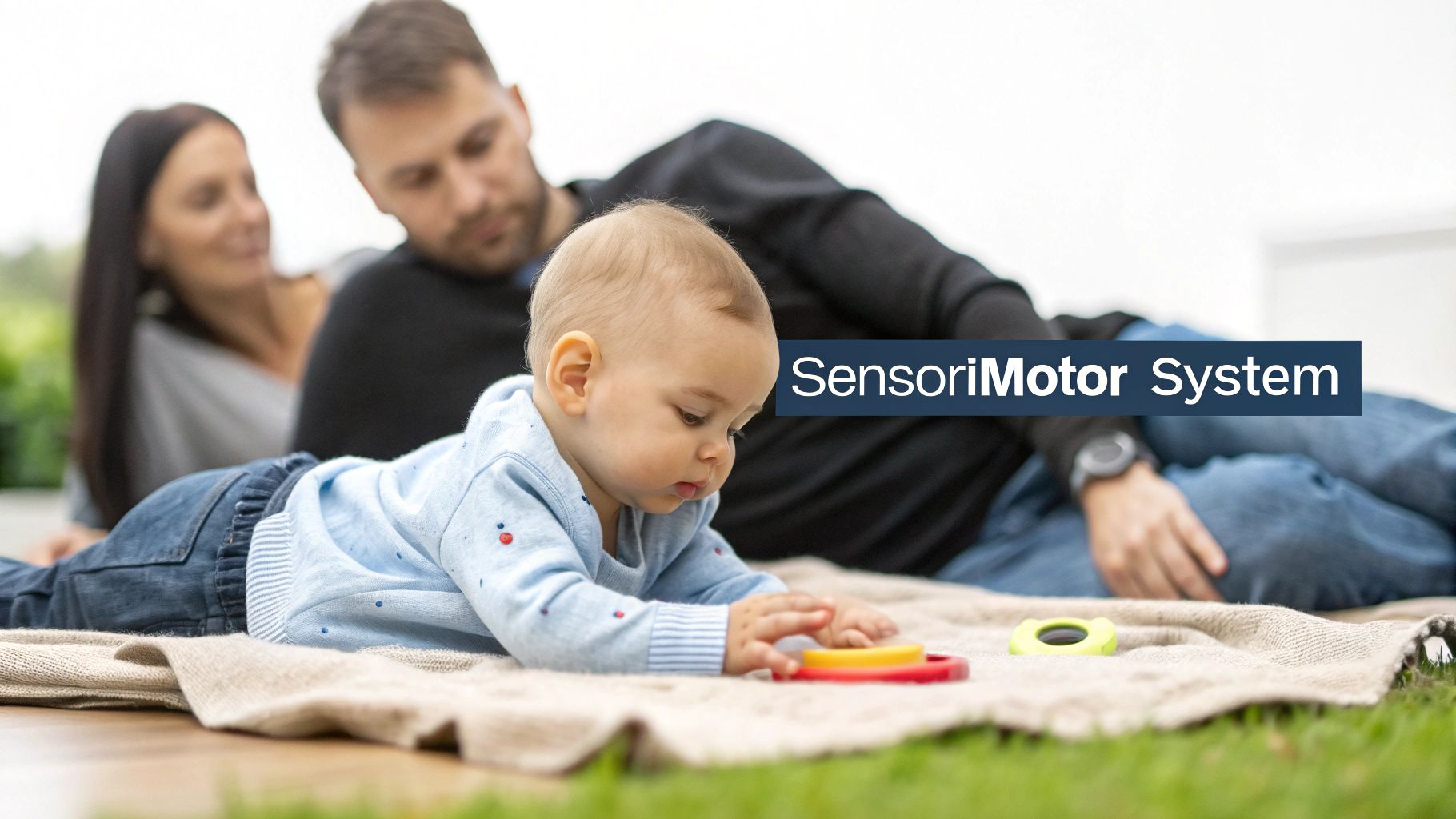 A baby lies on a blanket, playing with colorful toys while parents relax outdoors.