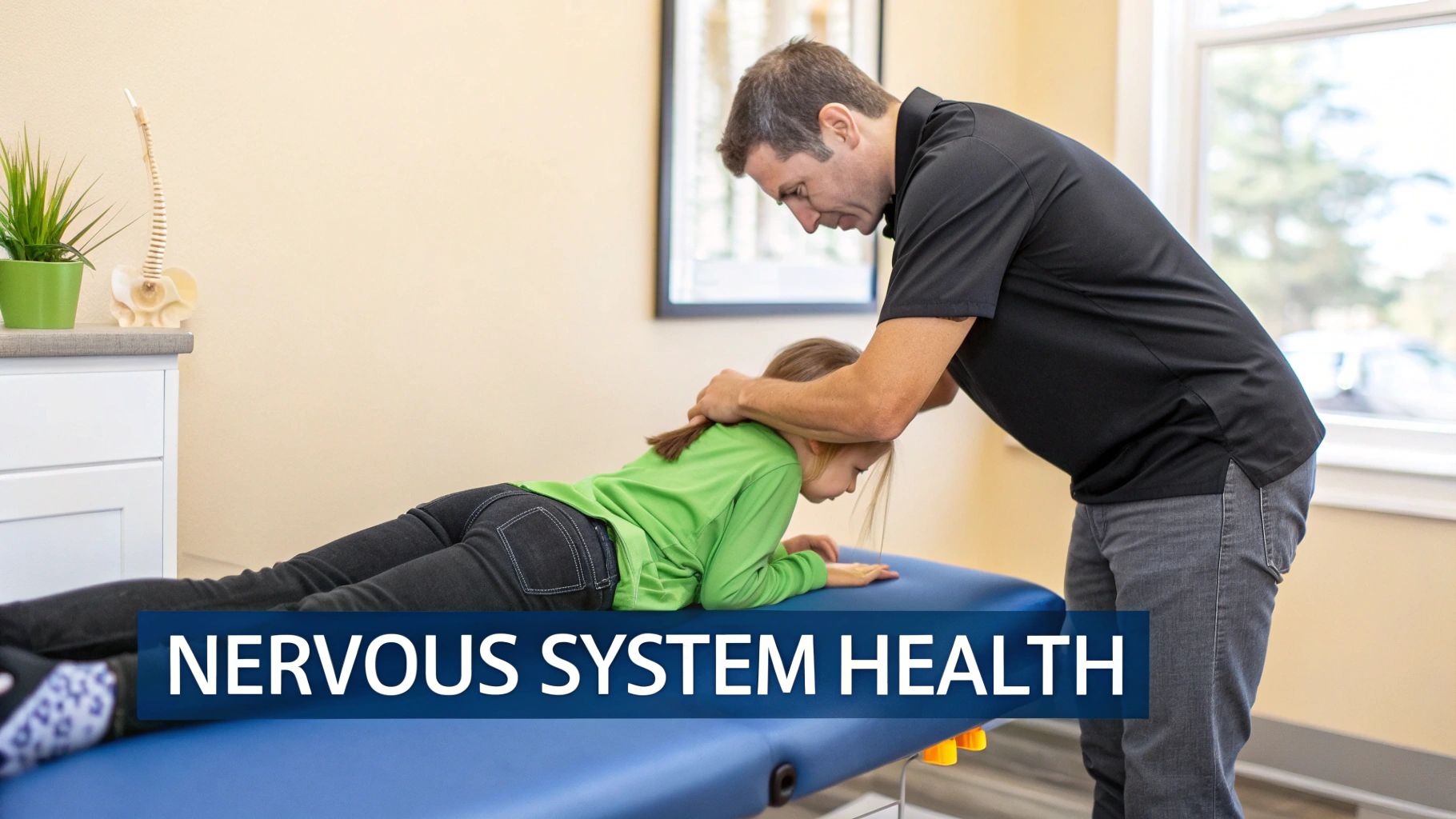 A pediatric chiropractor gently adjusts a child's neck while the child lies comfortably on a table.