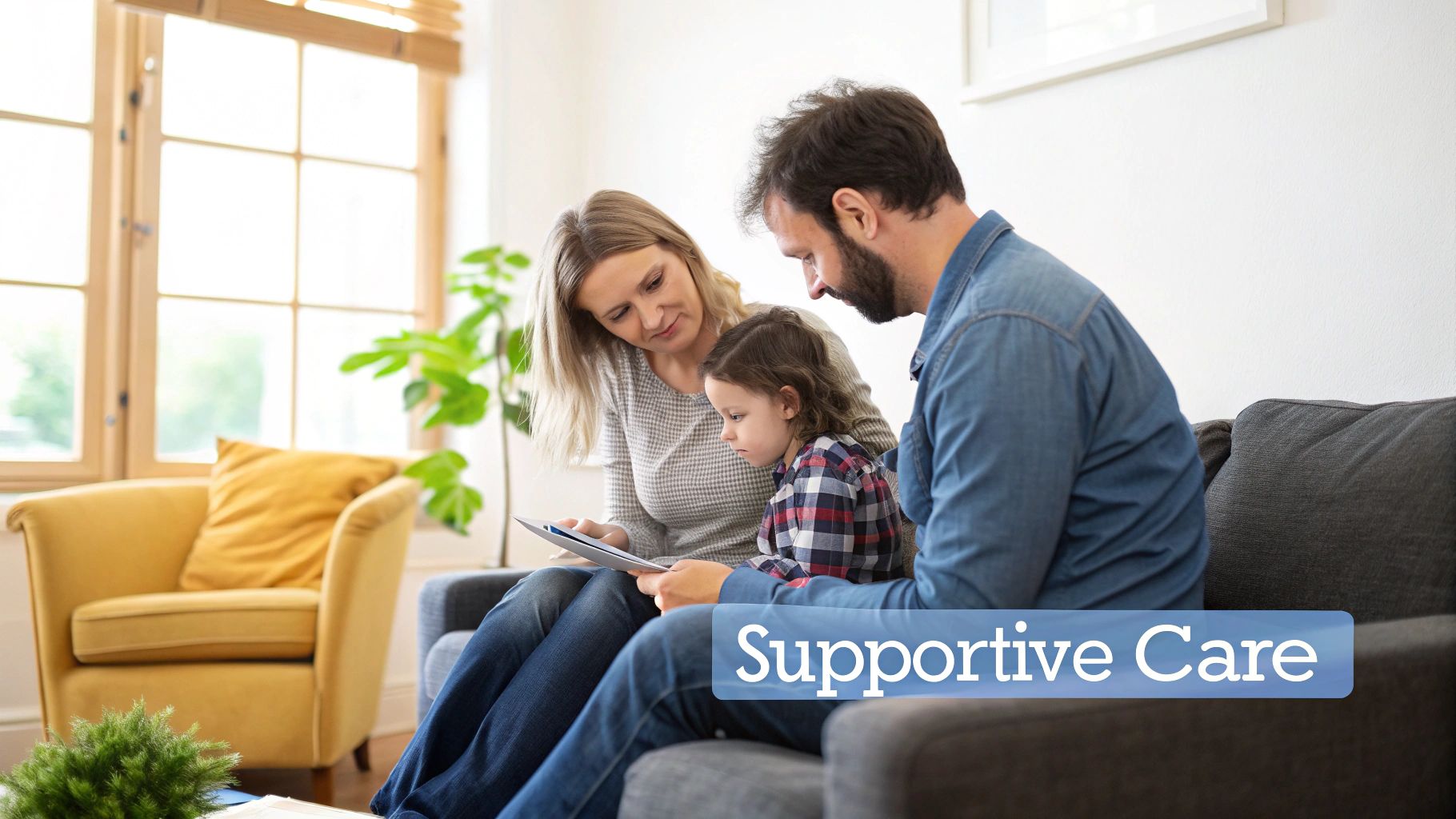 A family, parents and child, sit on a couch together, looking at a tablet. Text: Supportive Care.