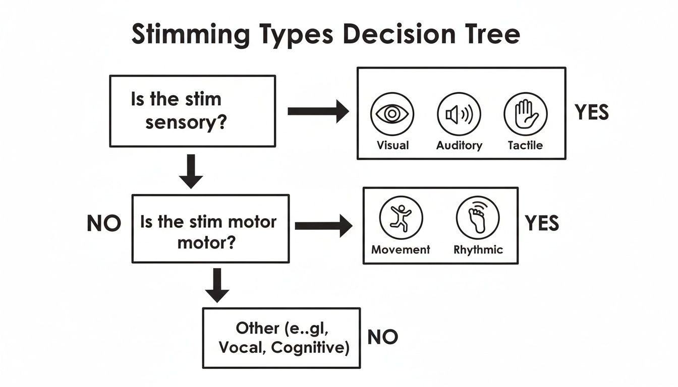 A decision tree diagram showing different stimming types: sensory (visual, auditory, tactile), motor (movement, rhythmic), and other (vocal, cognitive).