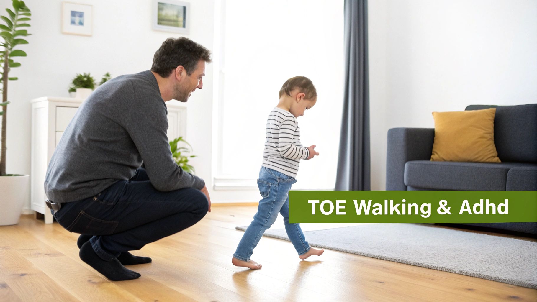 Father observing young child toe walking barefoot on living room floor at home