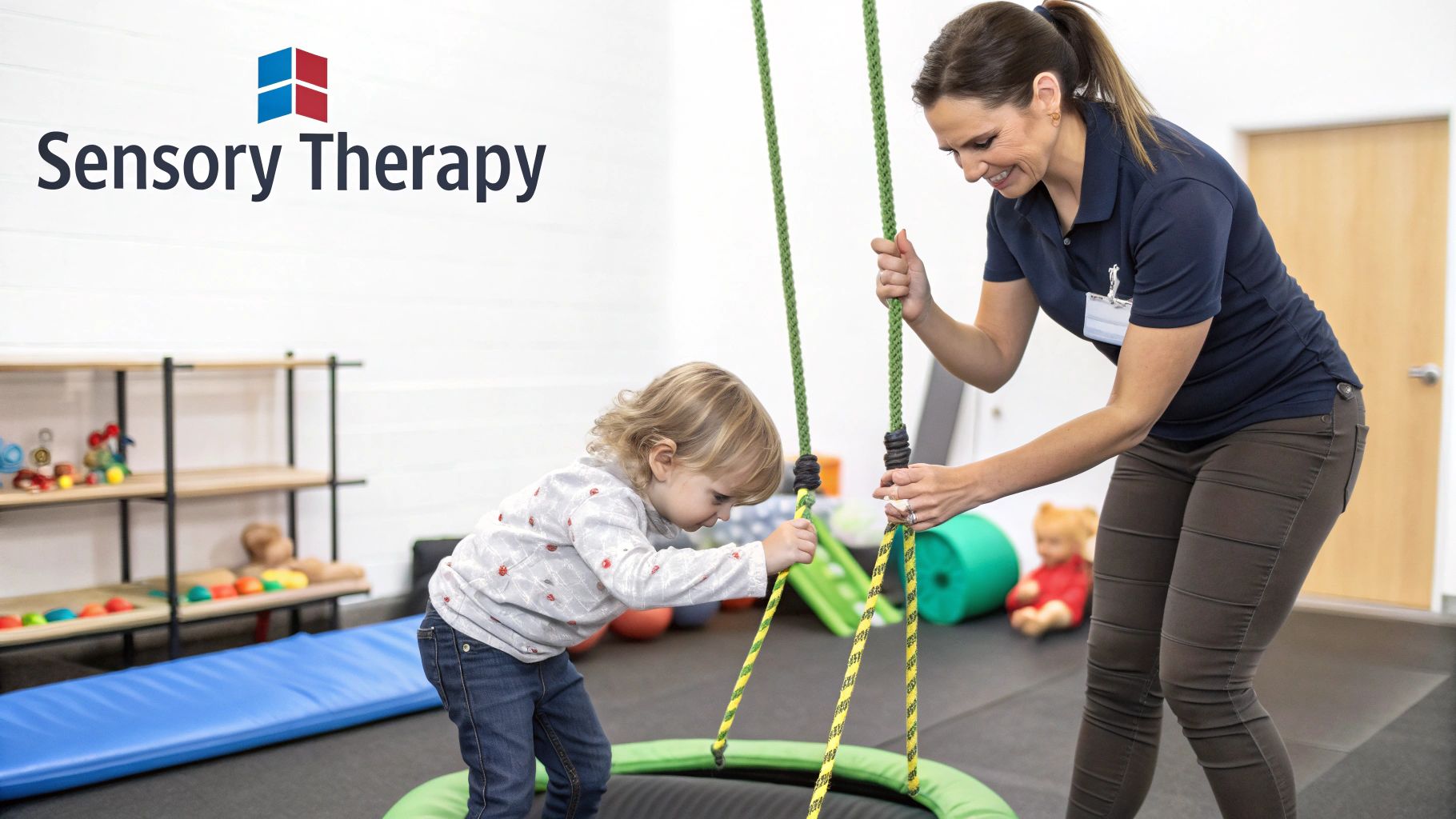 A therapist helps a young child play on a green sensory swing in a therapy room.