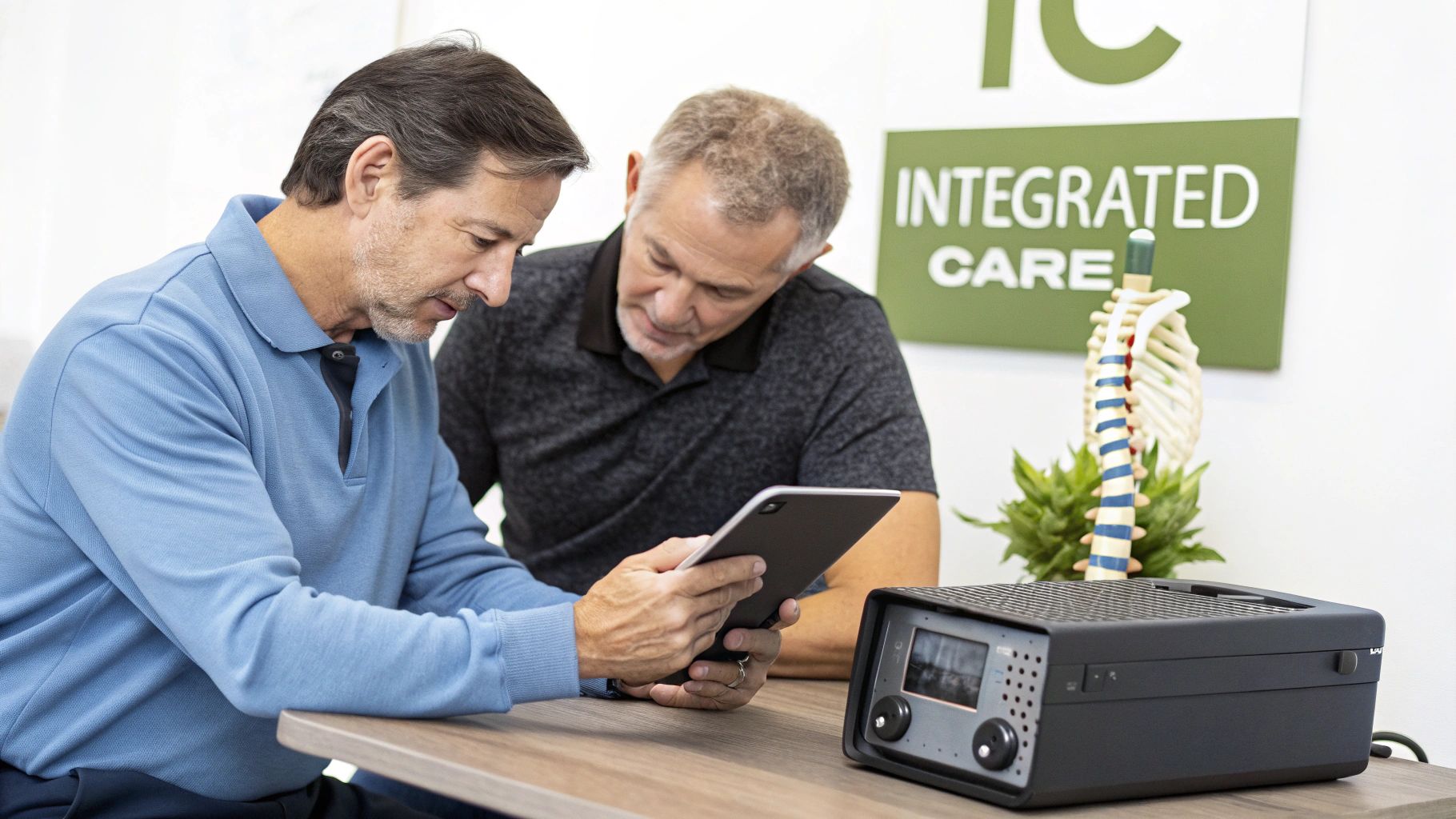 Two men in a healthcare setting discussing information on a tablet, with a medical device and spine model on the table.