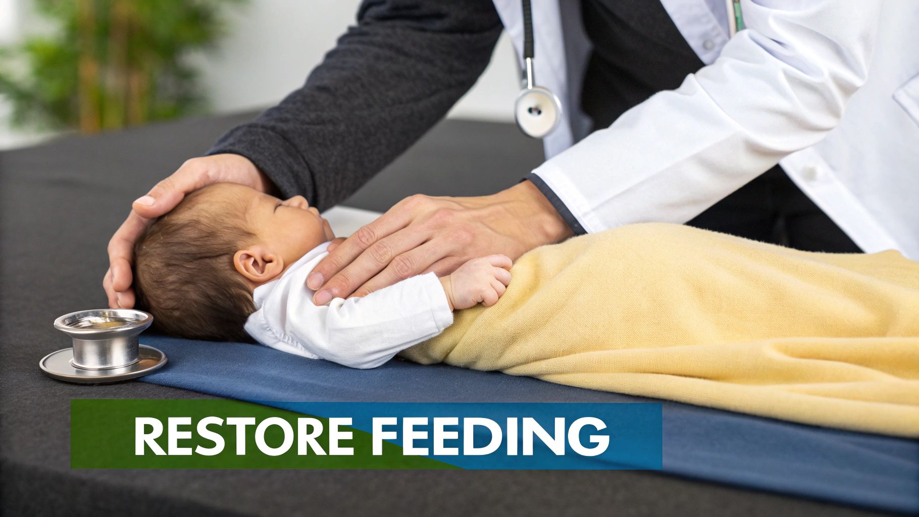 A healthcare provider gently examines an infant lying on a bed, focusing on restoring feeding.