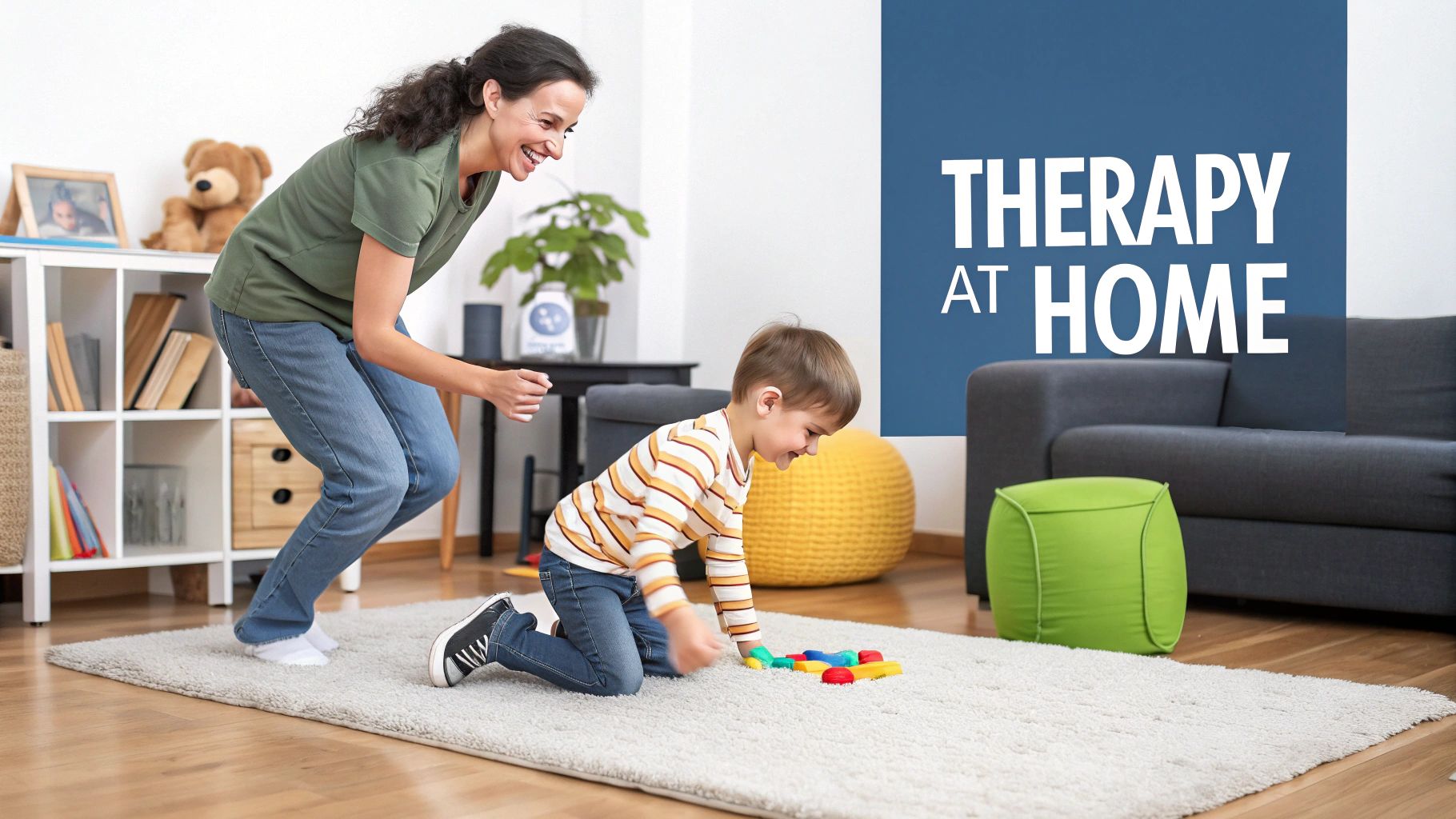 A happy woman and a young boy with a hearing aid playing with blocks on a rug, depicting home therapy.