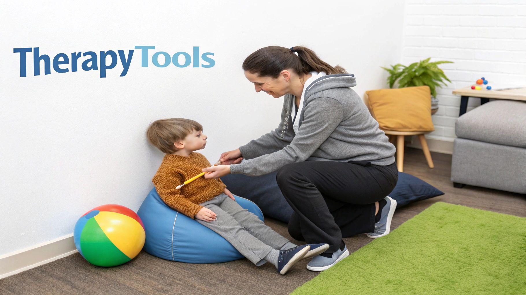 A therapist engages a young boy with a yellow tool during a session in a bright therapy room.