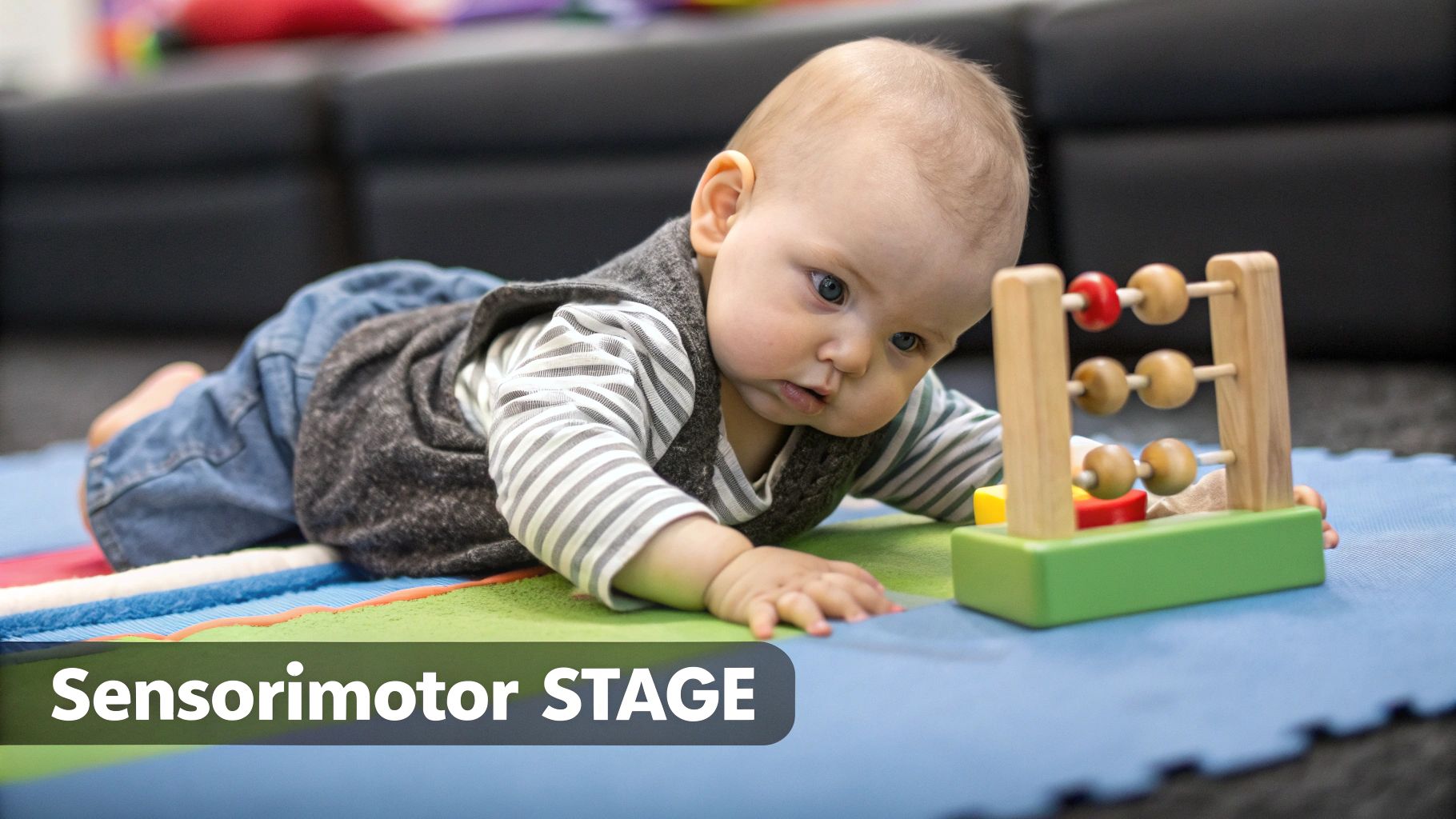 A baby playing with colorful wooden toys, representing learning through senses.