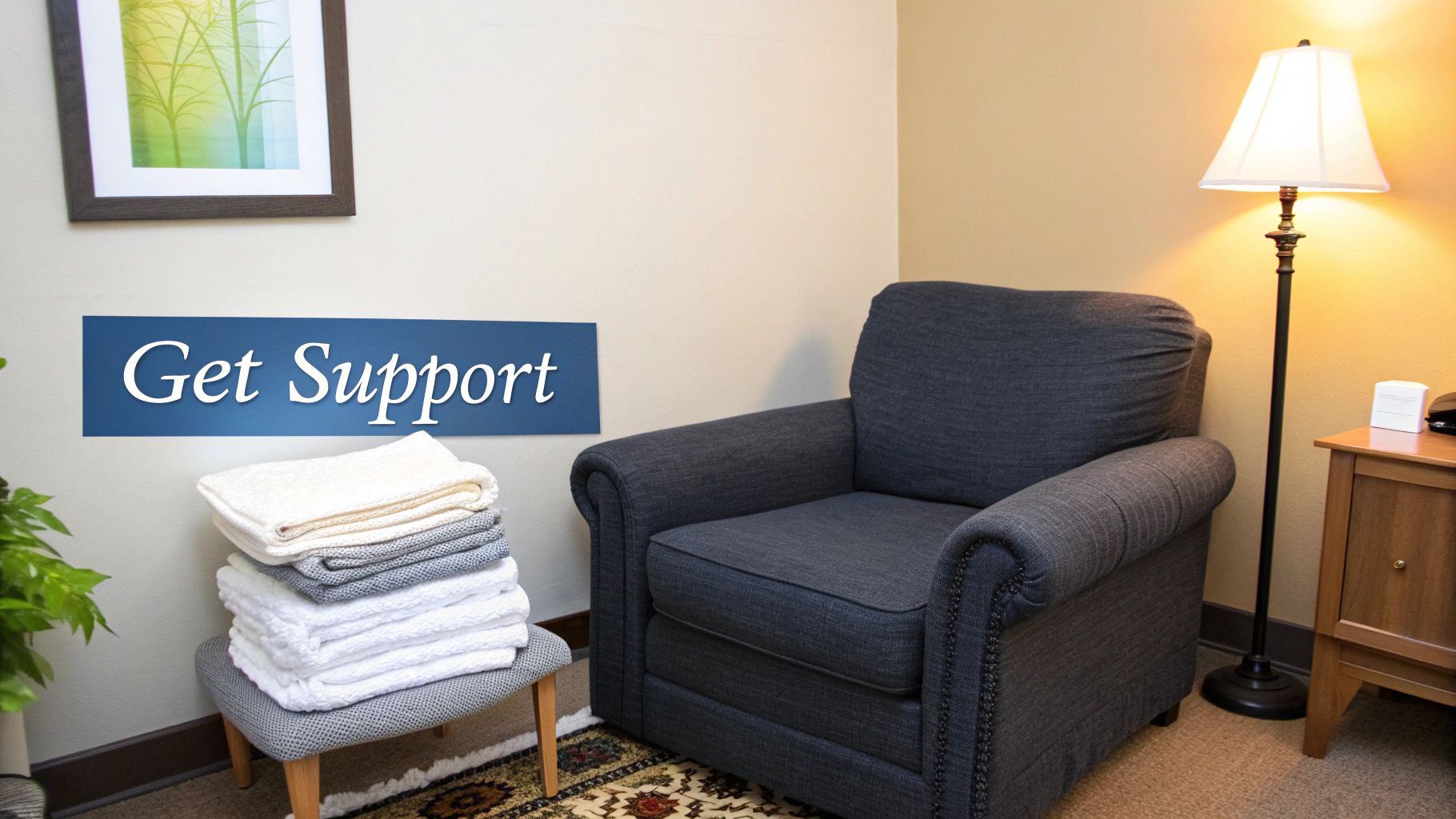 A comforting room with a dark gray armchair, stacked blankets, and a 'Get Support' banner on the wall.