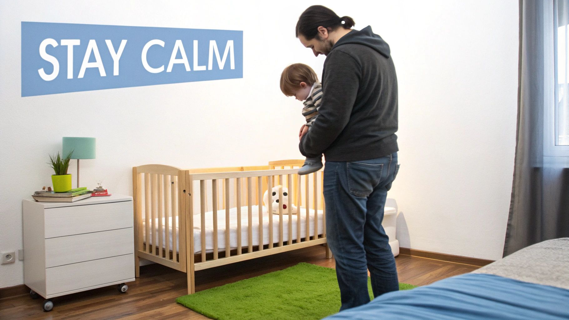 A father gently holds his toddler next to a crib in a room with a "STAY CALM" sign.