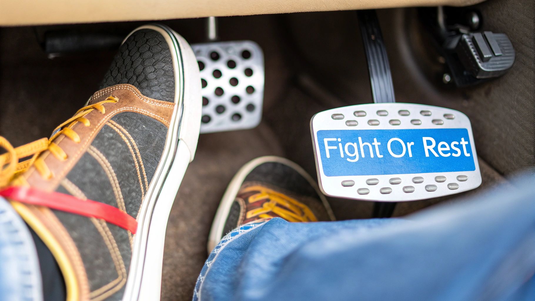 Person's feet on car pedals, one accelerator pedal features a 'Fight Or Rest' label.