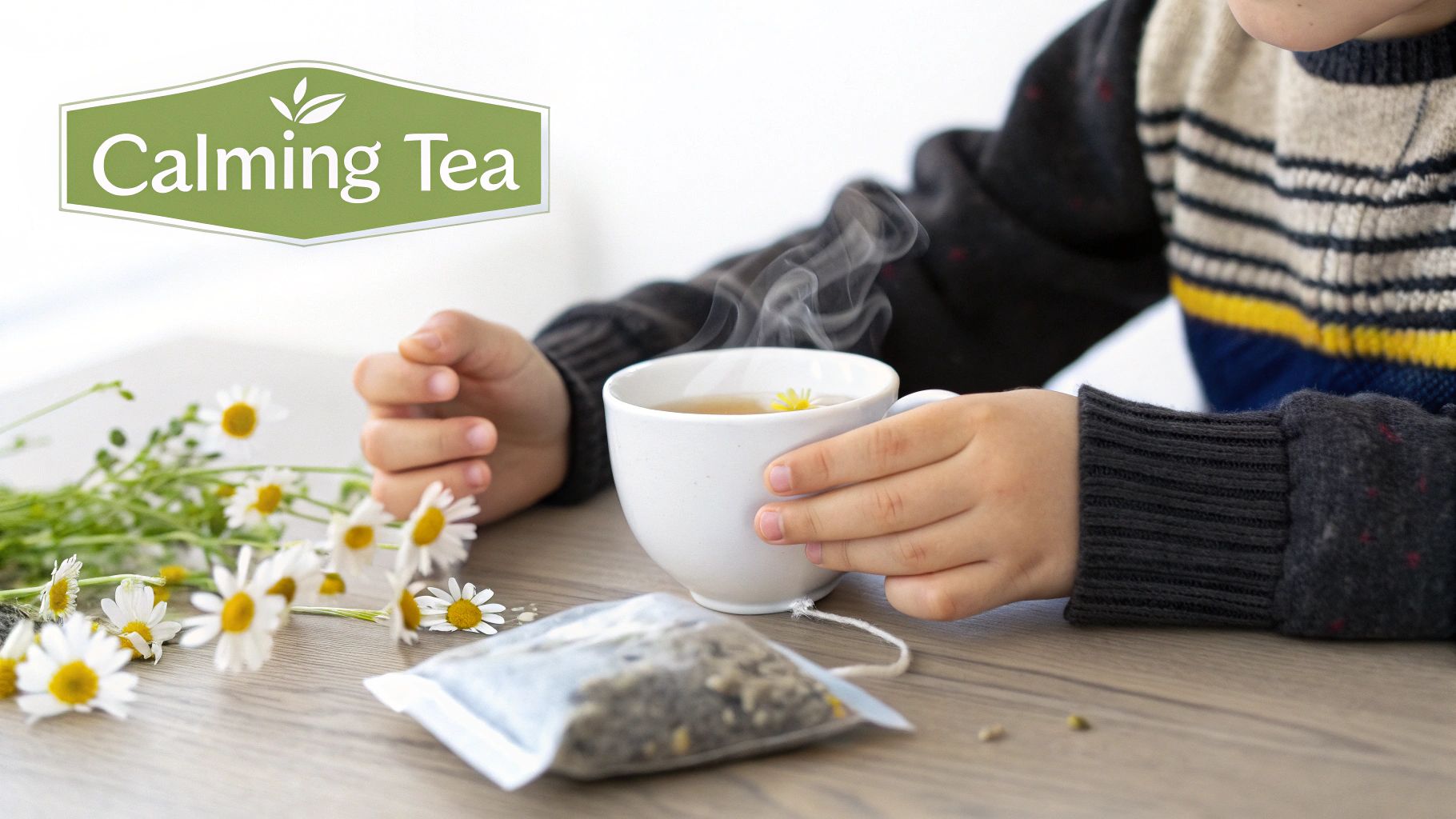 Close-up of a child's hands holding a warm cup of Calming Tea with chamomile flowers.