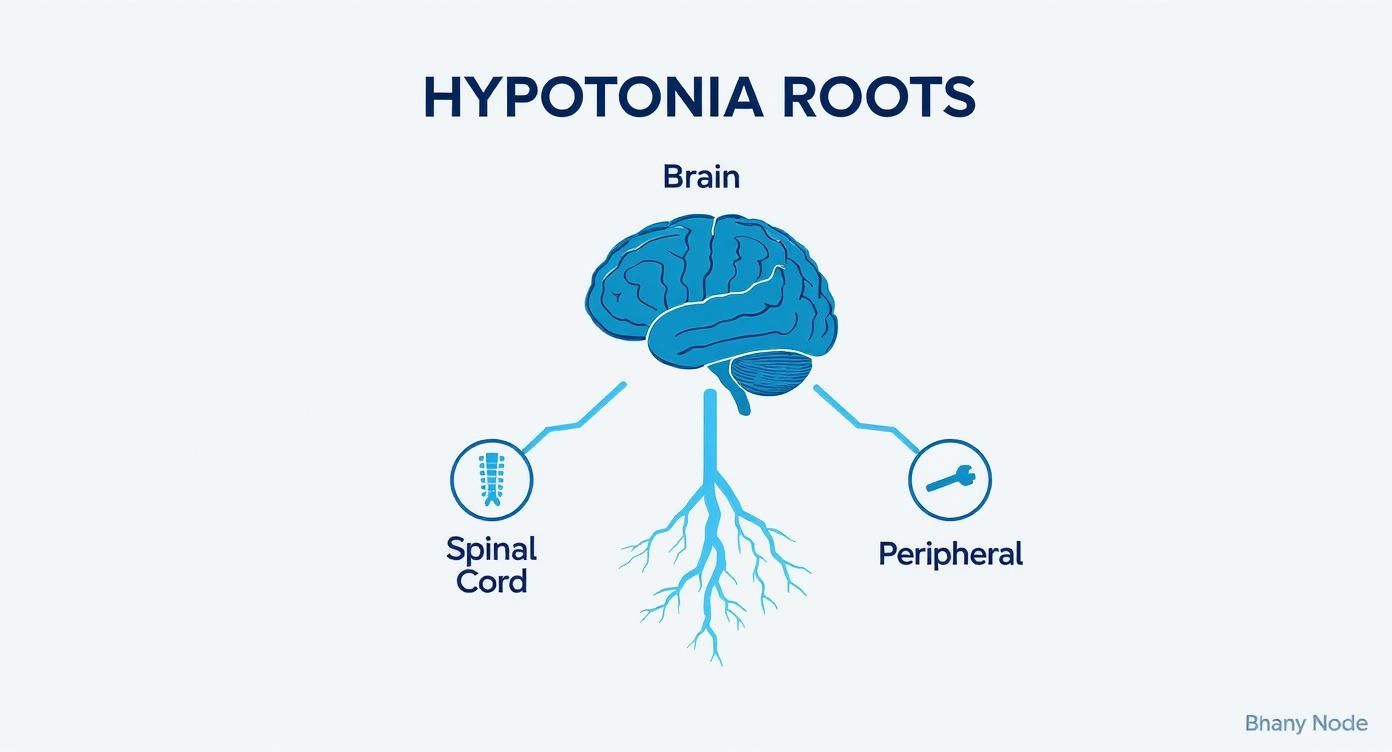 Infographic concept map showing how hypotonia originates in the brain and nervous system, impacting development.