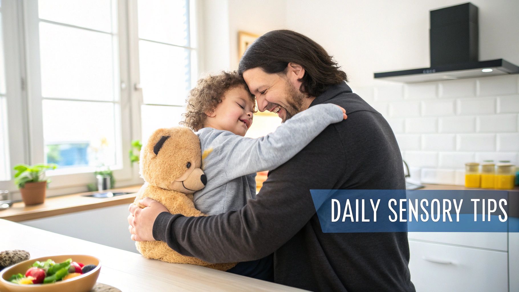 A happy father and child, holding a teddy bear, sharing a warm hug in a bright kitchen.