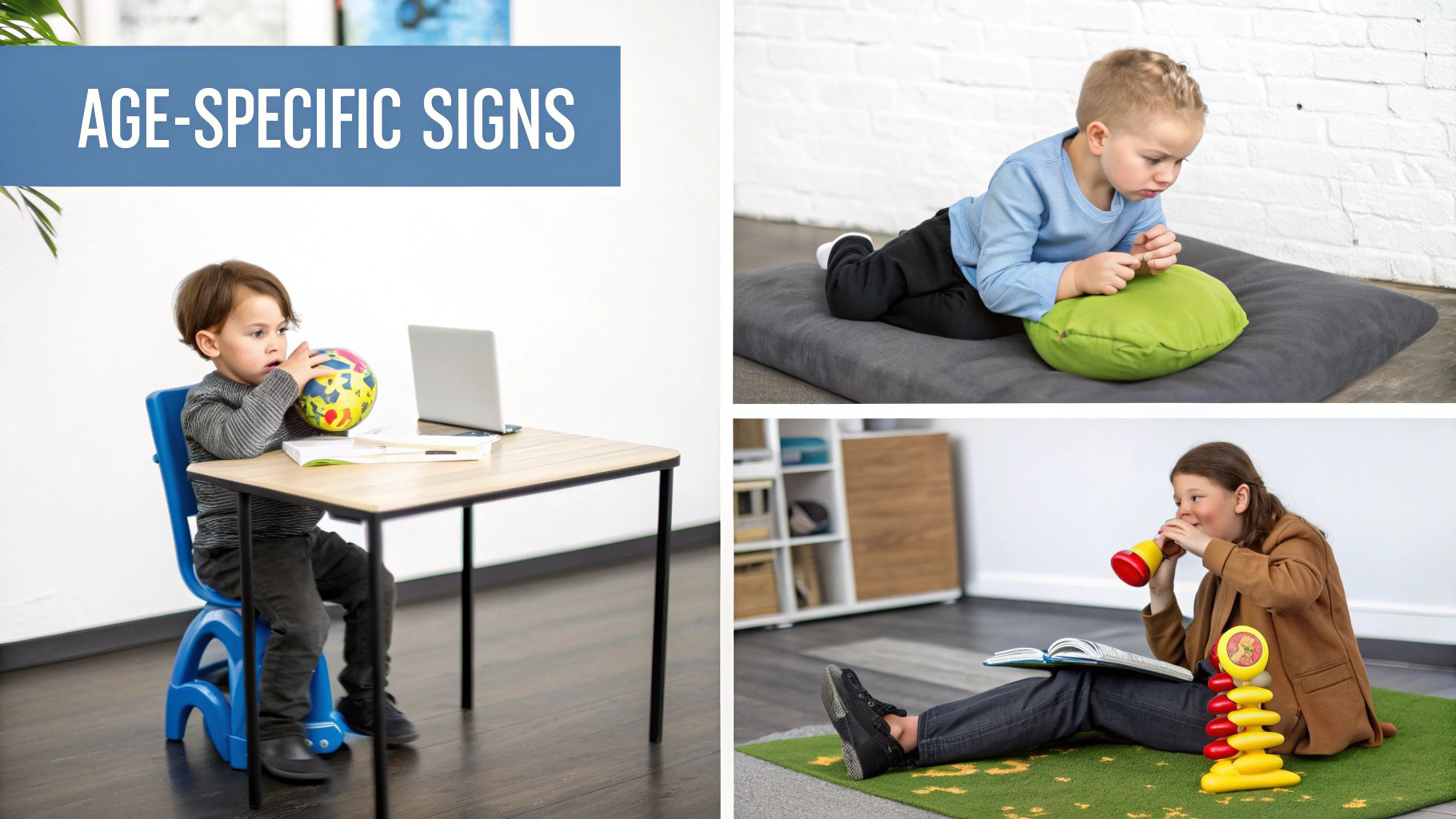 Three children engaged in various sensory activities, including playing with toys, a globe, and interacting with a laptop.