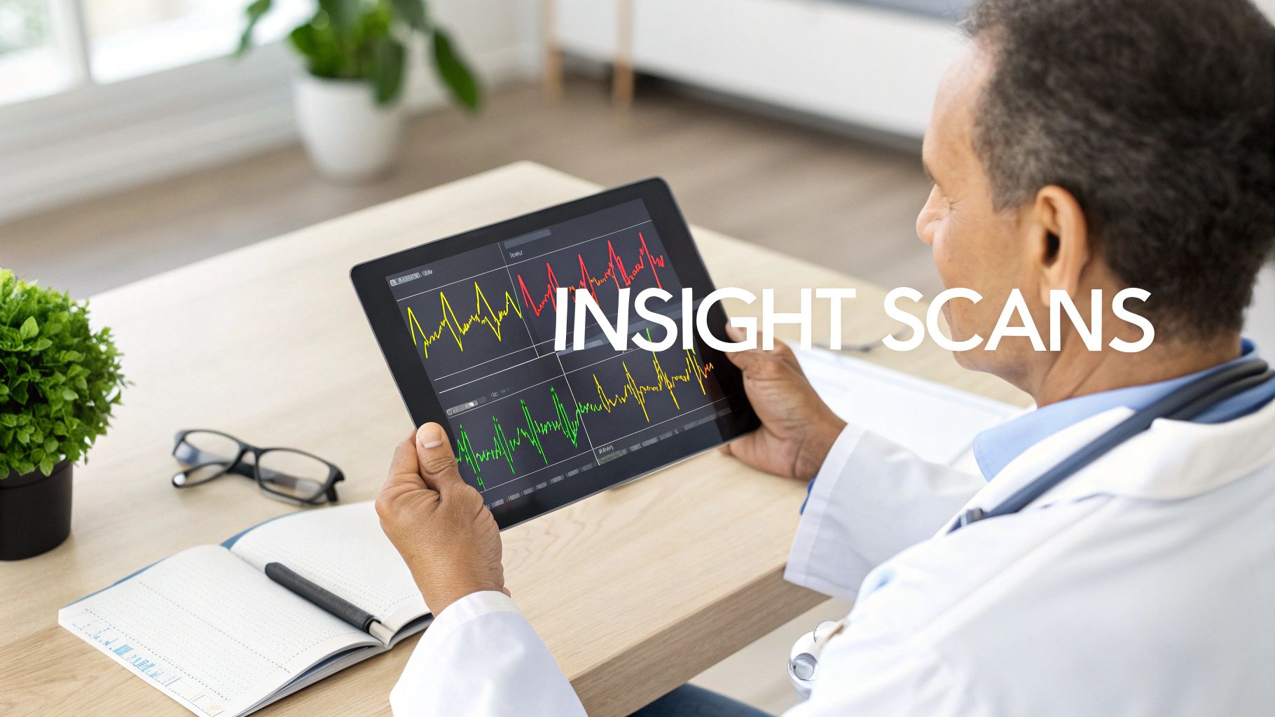 A doctor reviews complex medical waveform scans on a tablet, analyzing data for patient insights.