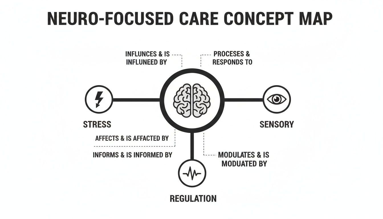 Neuro-focused care concept map illustrating the brain's relationships with stress, sensory, and regulation.