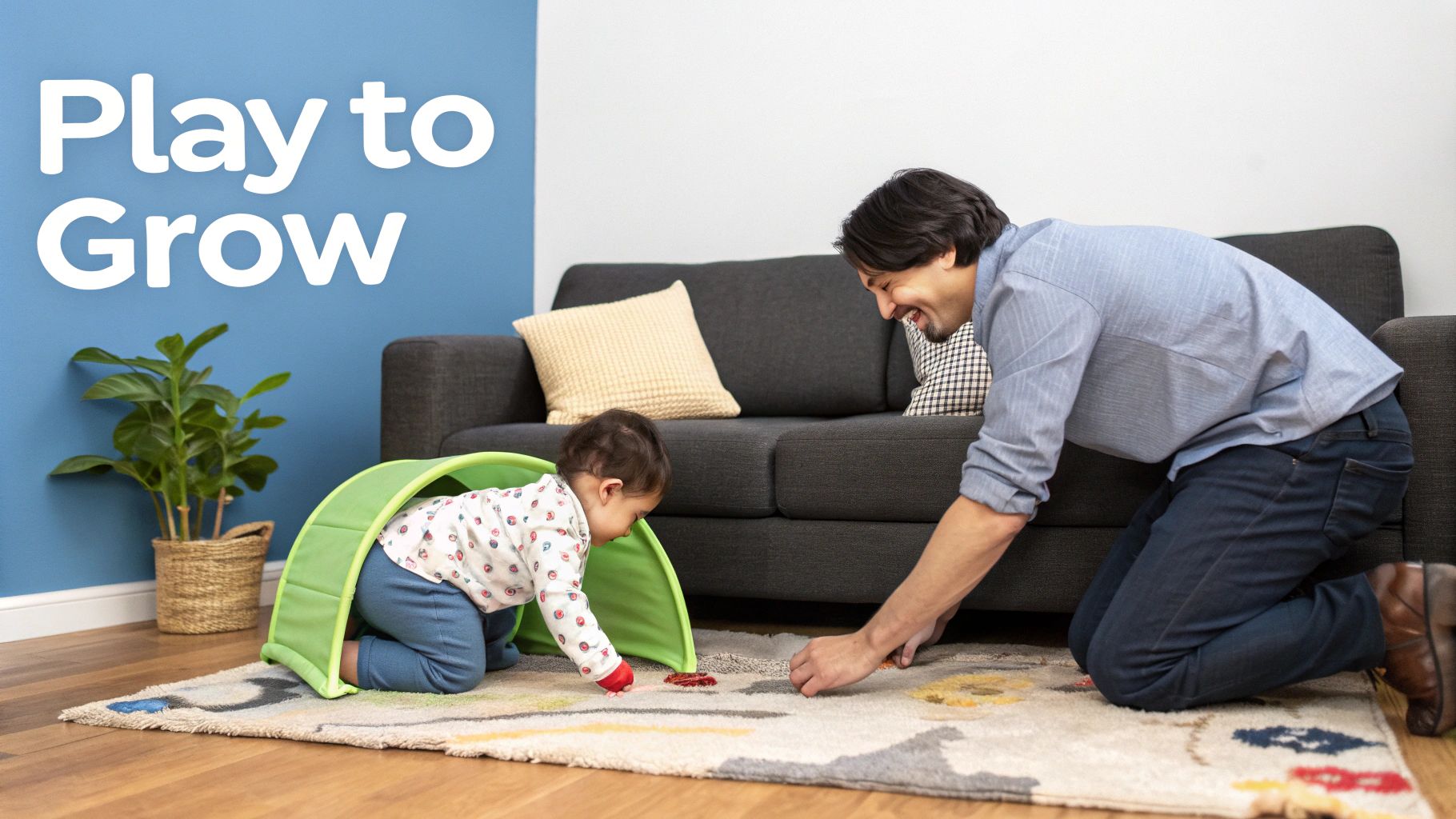 A happy father and baby crawl and play together on a rug with a green tunnel toy.
