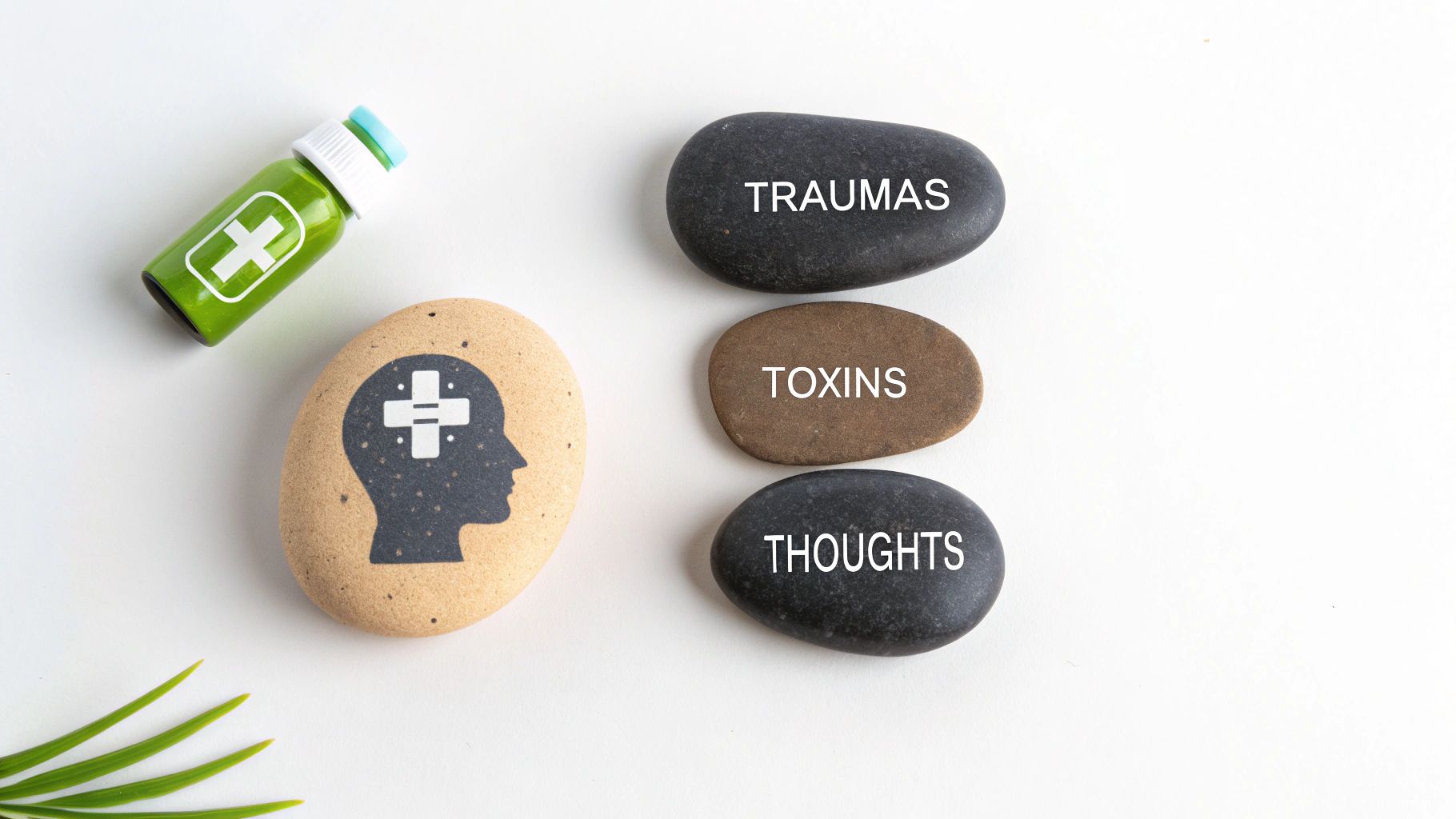 Mental health concept showing a mind icon, healing bottle, and pebbles listing traumas, toxins, and thoughts.