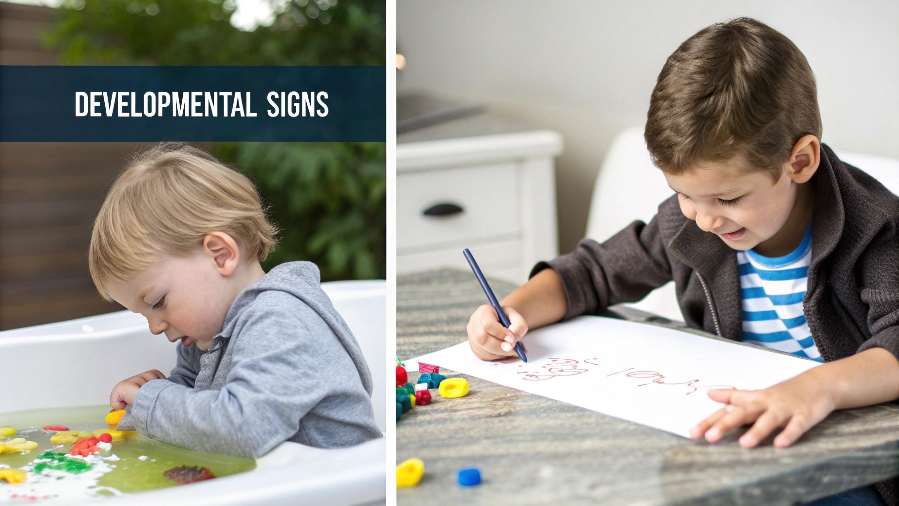 Two young boys engaged in sensory play and drawing, illustrating developmental signs.