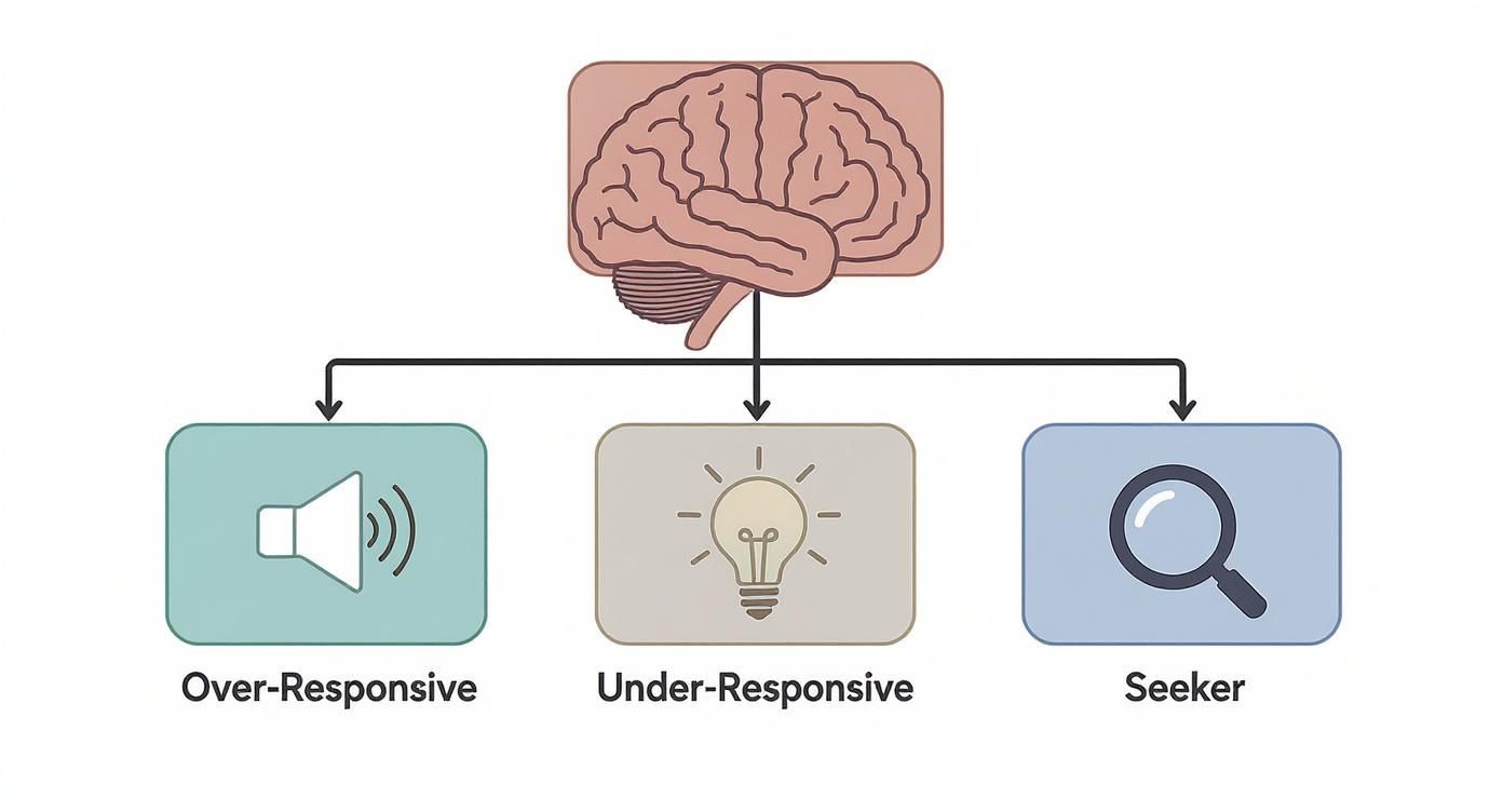 Diagram showing a brain connected to three sensory processing patterns: Over-Responsive, Under-Responsive, and Seeker.