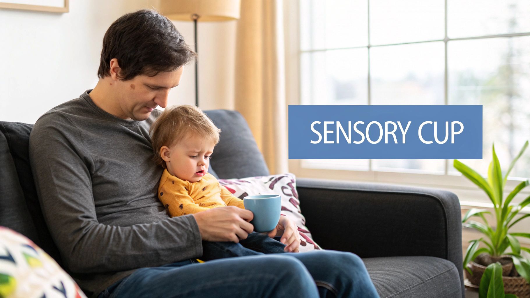 A father holds a baby on a couch while they look at a blue cup, with 'SENSORY CUP' text.