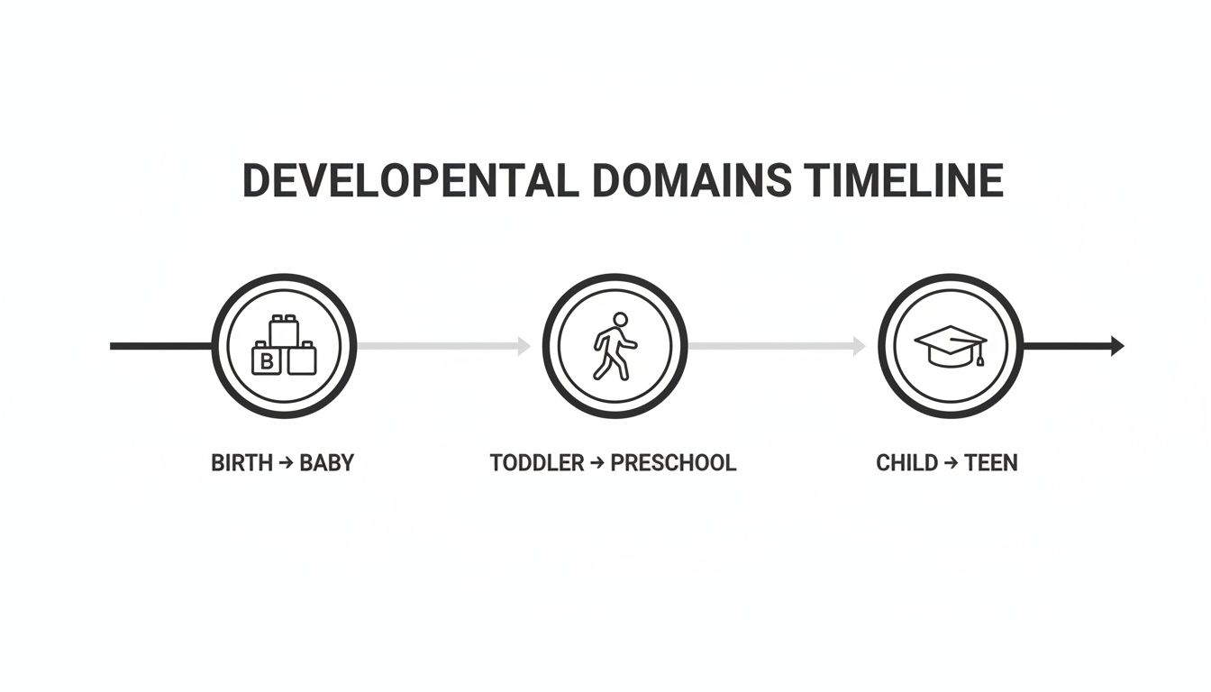 Timeline illustrating developmental stages: baby, toddler-preschool, and child-teen, with corresponding icons.