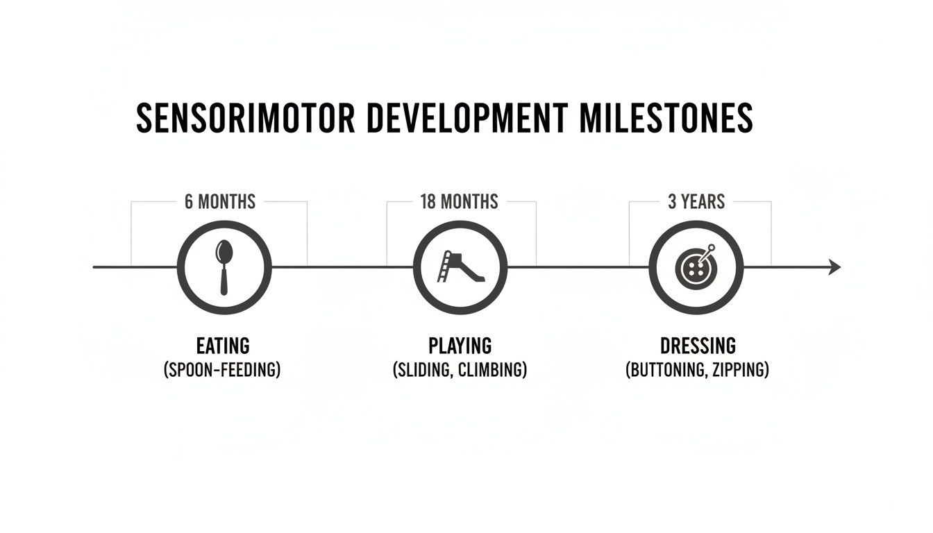 A timeline illustrating sensorimotor development milestones: eating (spoon-feeding) at 6 months, playing at 18 months, and dressing at 3 years.