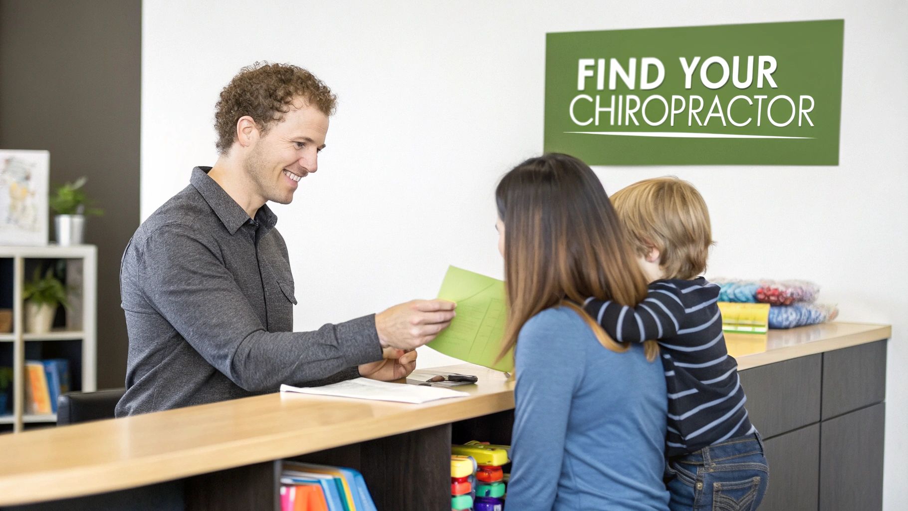 A friendly chiropractor talking with a family in a welcoming clinic office.