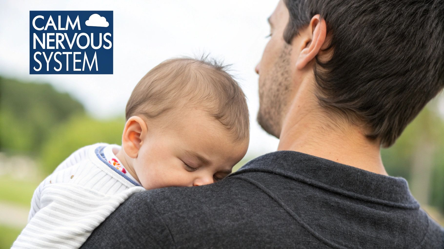 A father gently holds his sleeping baby on his shoulder, with a "CALM NERVOUS SYSTEM" logo.