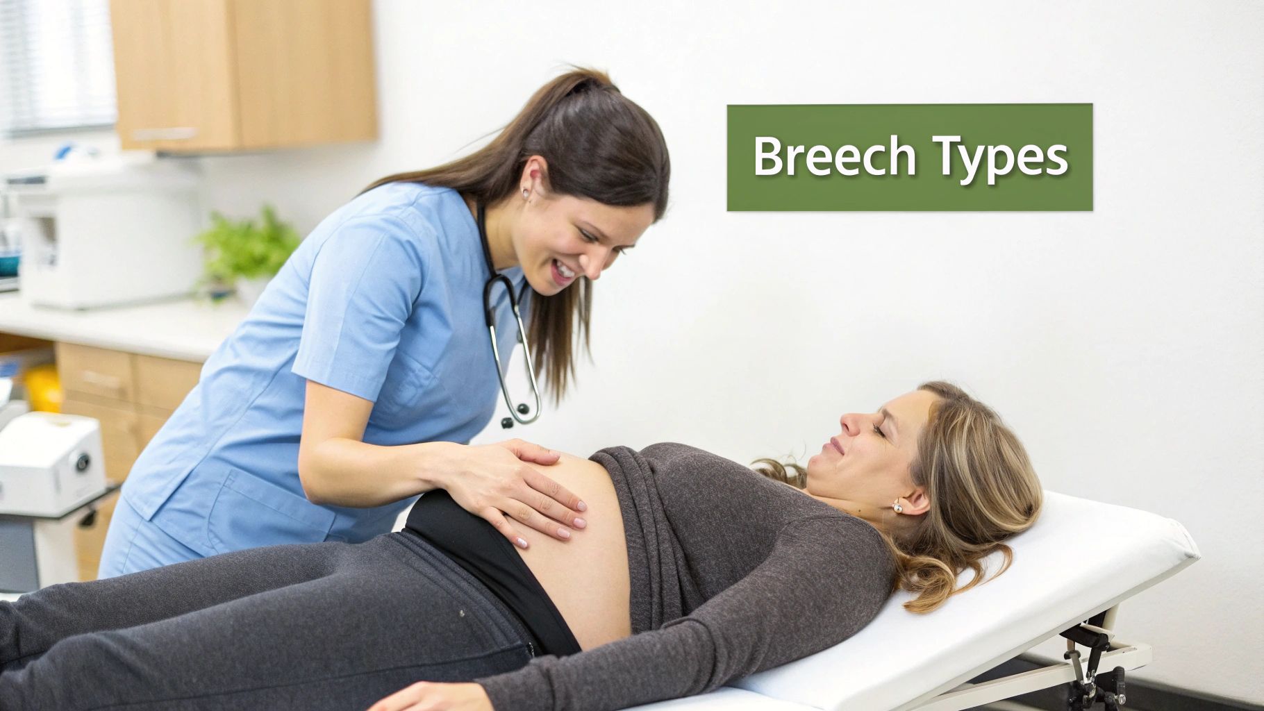 A visual diagram showing a baby in the breech position inside the womb.