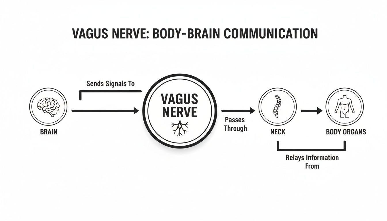 Diagram illustrating the vagus nerve's role in two-way body-brain communication, passing through the neck.