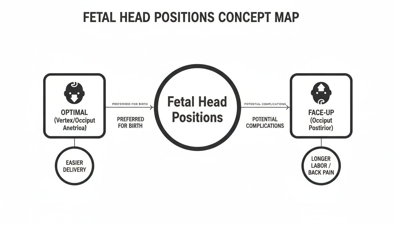 Concept map illustrating optimal and face-up fetal head positions, their implications for birth, and potential complications.