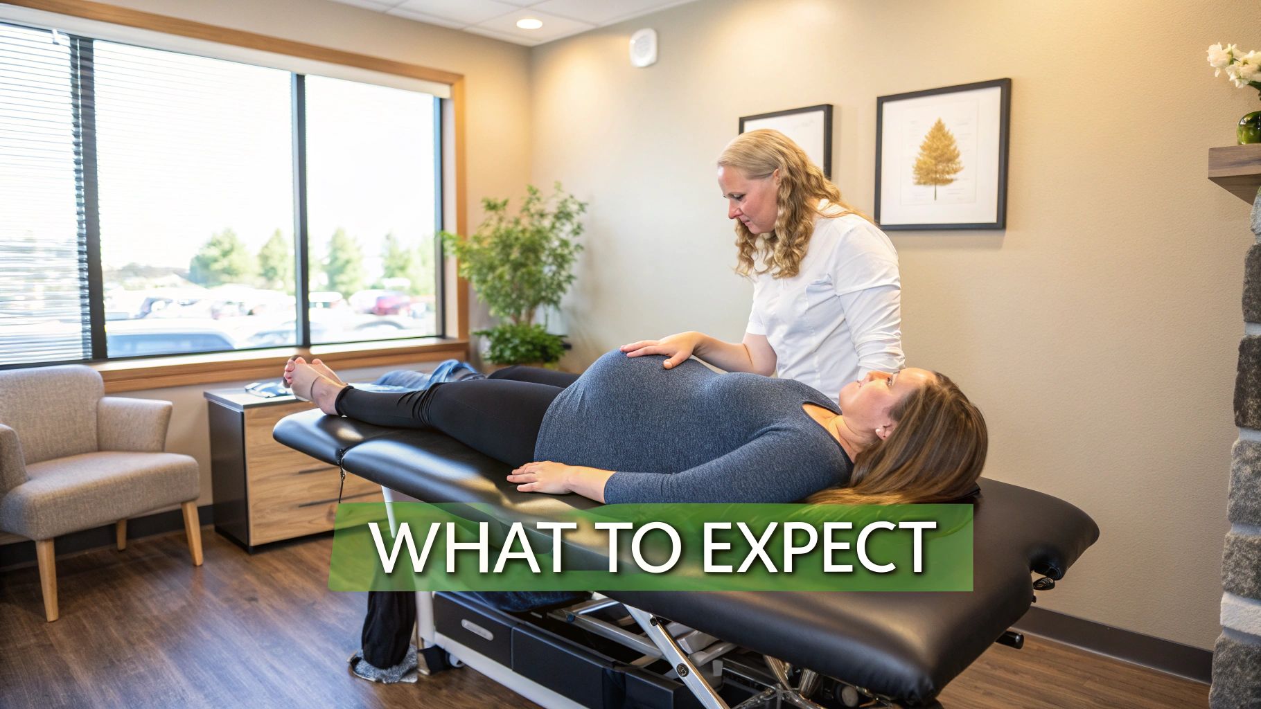A chiropractor gently working with a pregnant woman on a specialized table.