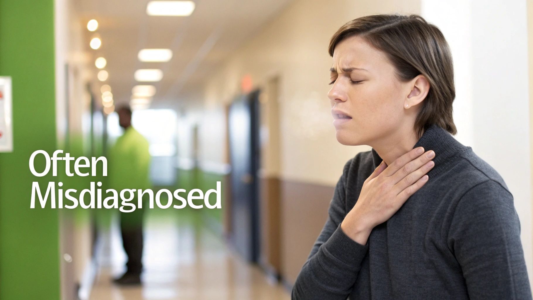 A woman with a pained expression holds her throat, exhaling visibly, with the text 'Often Misdiagnosed' overlaid.