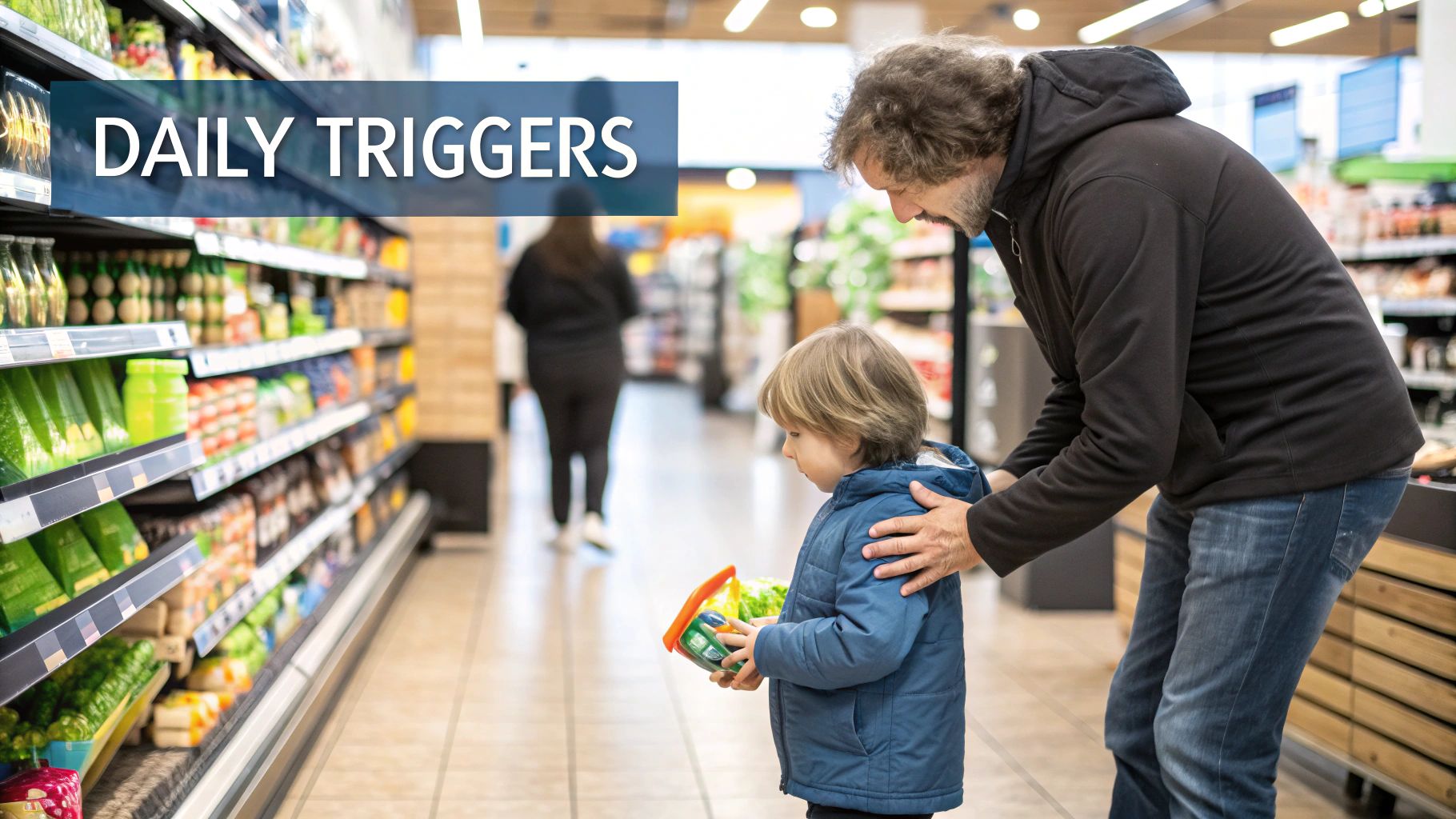 A man and a child in a supermarket aisle with 'DAILY TRIGGERS' overlay, suggesting daily challenges.