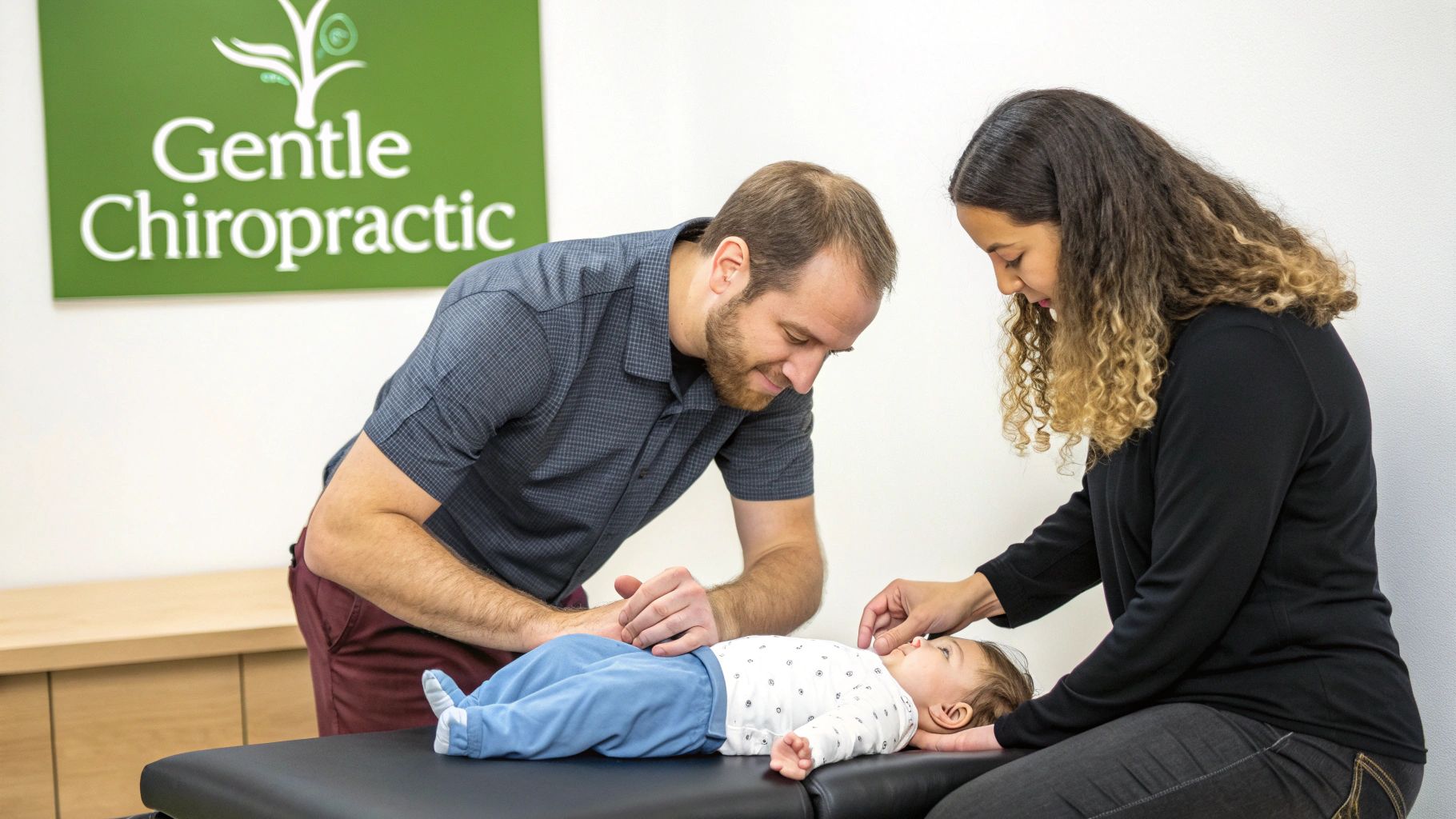 A male and female chiropractor examining a baby on a table under a "Gentle Chiropractic" sign.