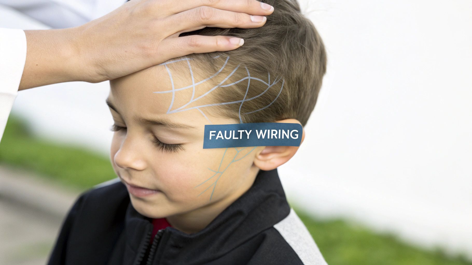 A child with closed eyes and a hand on their head, labeled with 'FAULTY WIRING'.