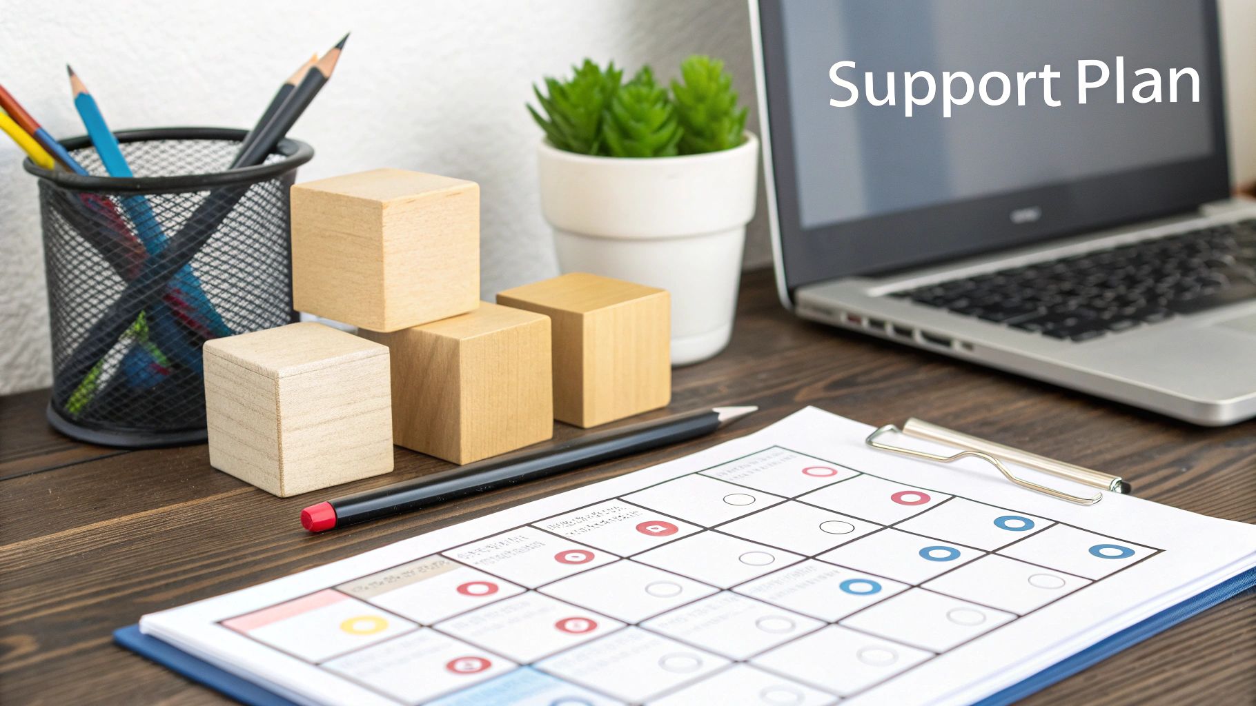A desk setup with a laptop showing 'Support Plan', a checklist, and office supplies.