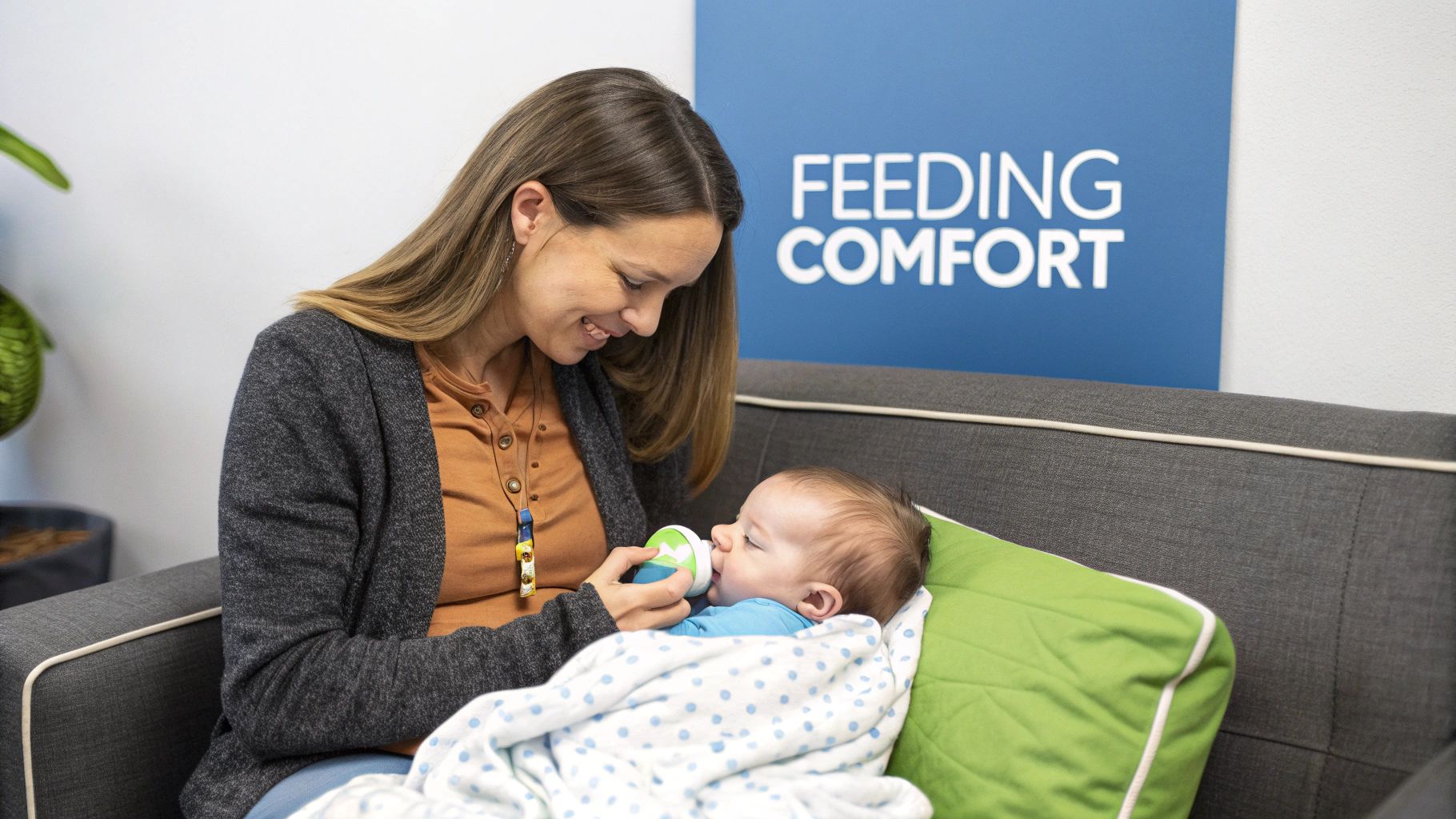 A smiling woman gently bottle-feeding a baby wrapped in a blanket on a couch.